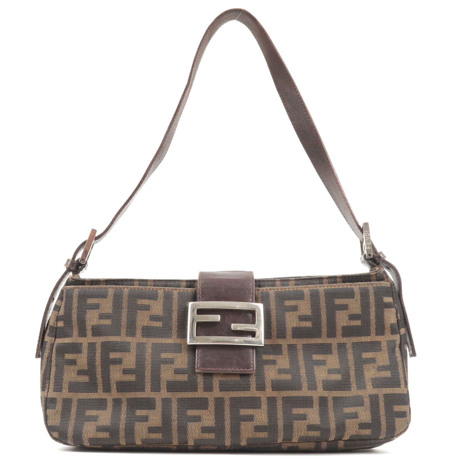 FENDI Zucca Canvas Leather Shoulder Bag Khaki Black Brown 26722
