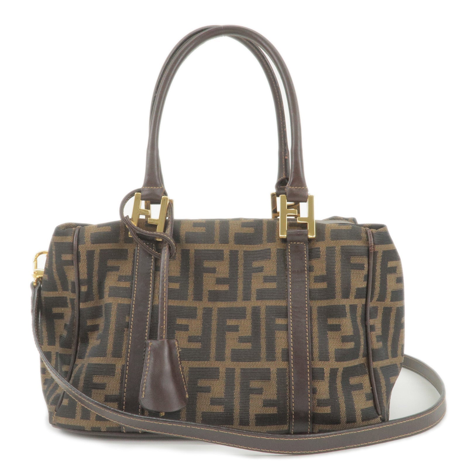 FENDI Zucca Canvas Leather 2Way Bag Boston Bag Khaki 26351