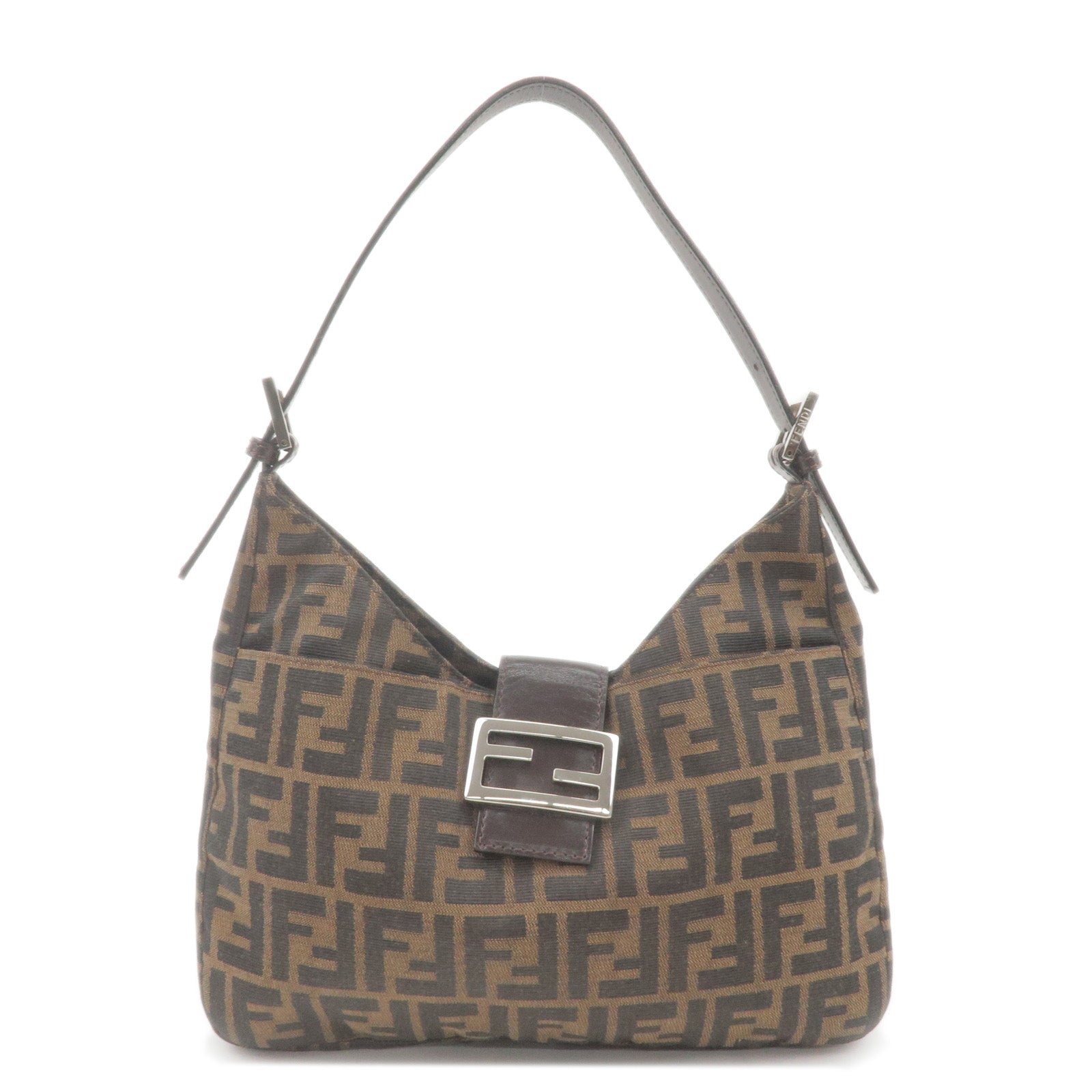 FENDI Zucca Canvas Leather Shoulder Bag Brown Black 26569