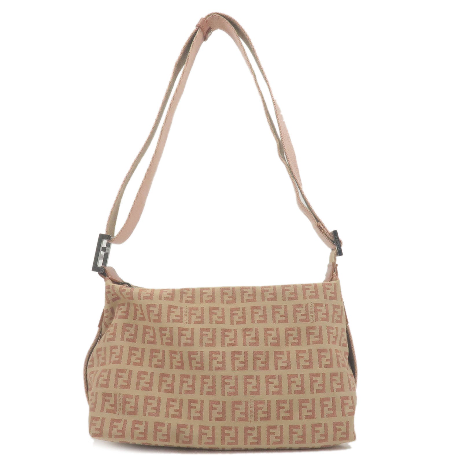 FENDI Zucchino Canvas Leather Shoulder Bag Beige Pink 8BR319