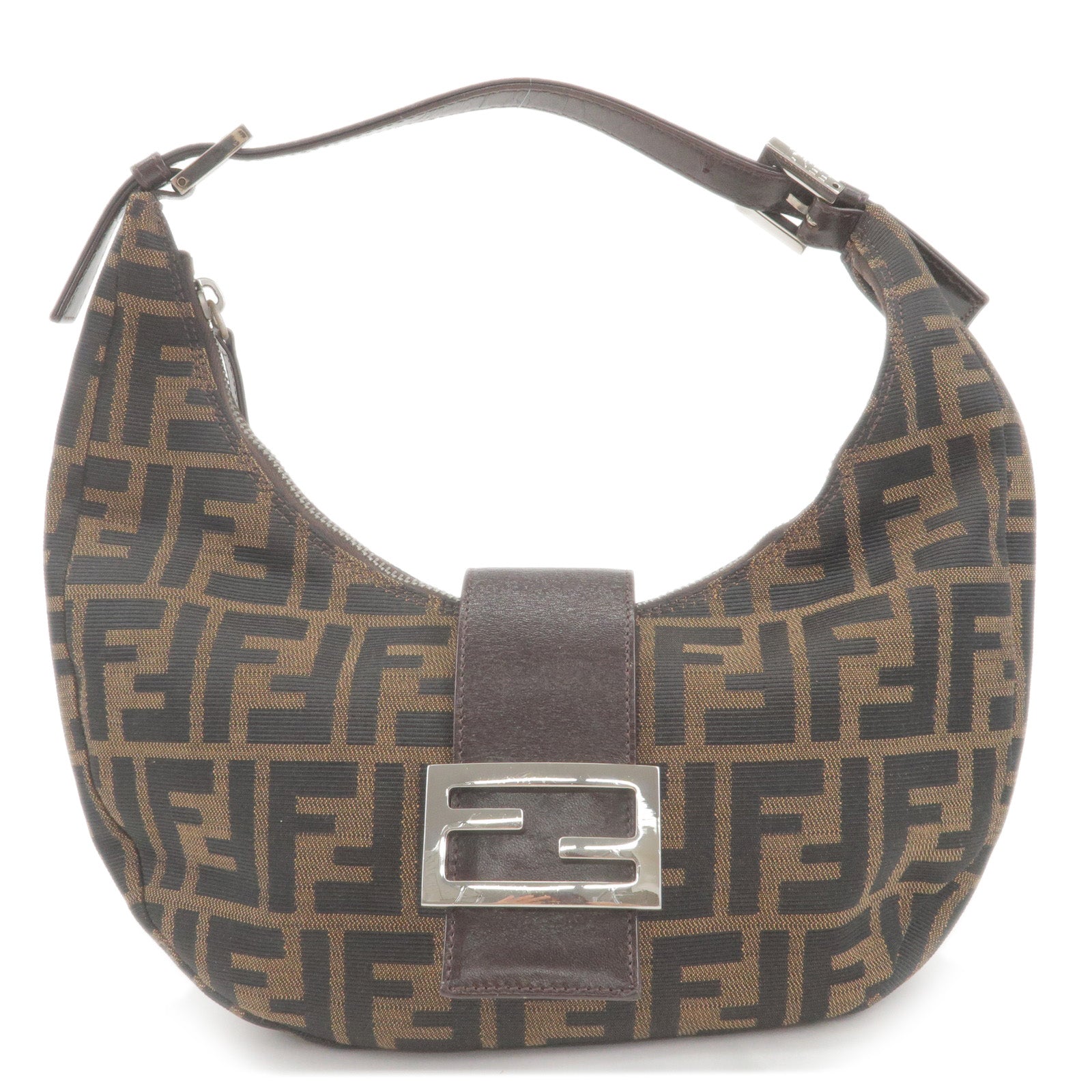 FENDI Zucca Canvas Leather Shoulder Bag Brown Black 16321