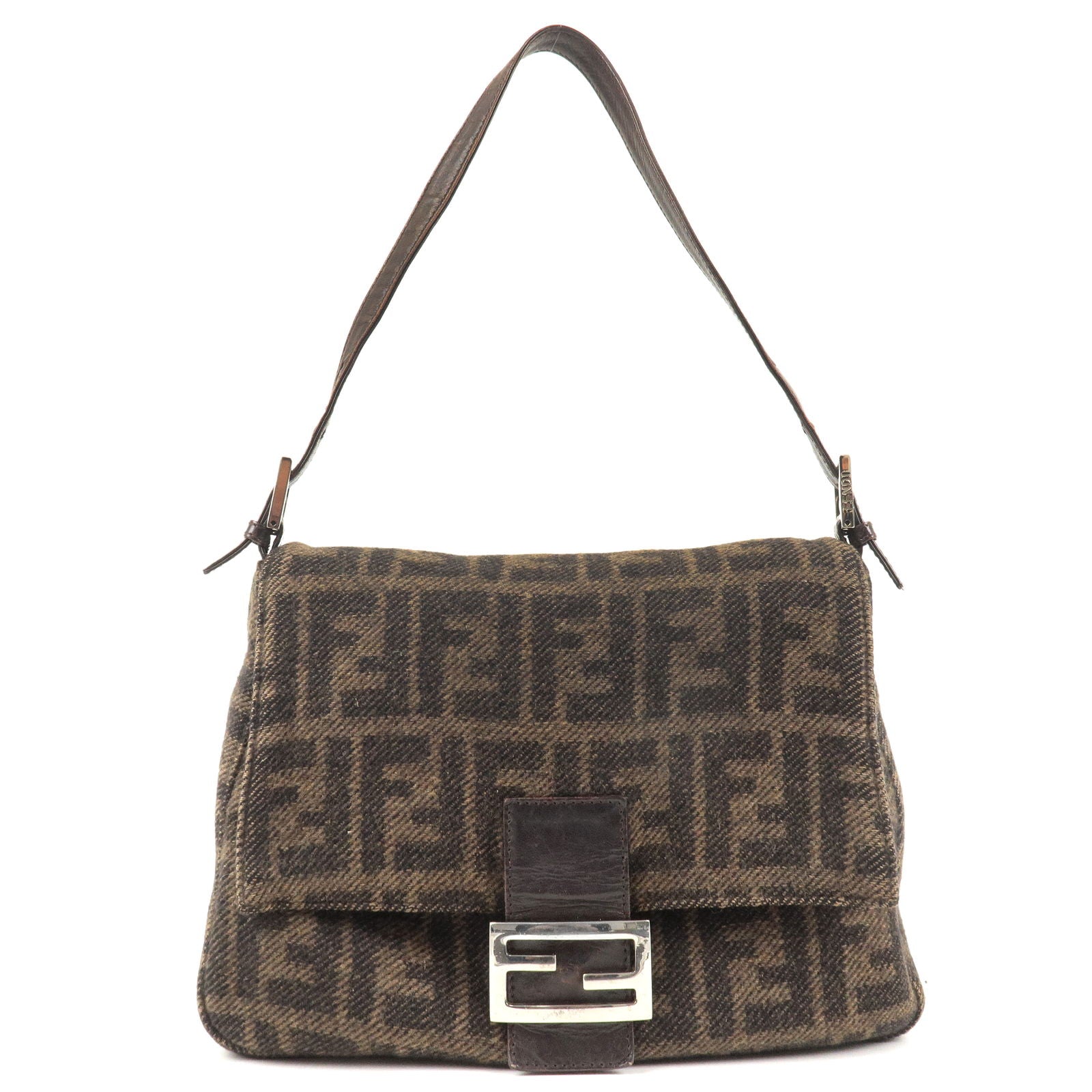 FENDI Zucca Mamma Baguette Knit Shoulder Bag Brown 26325