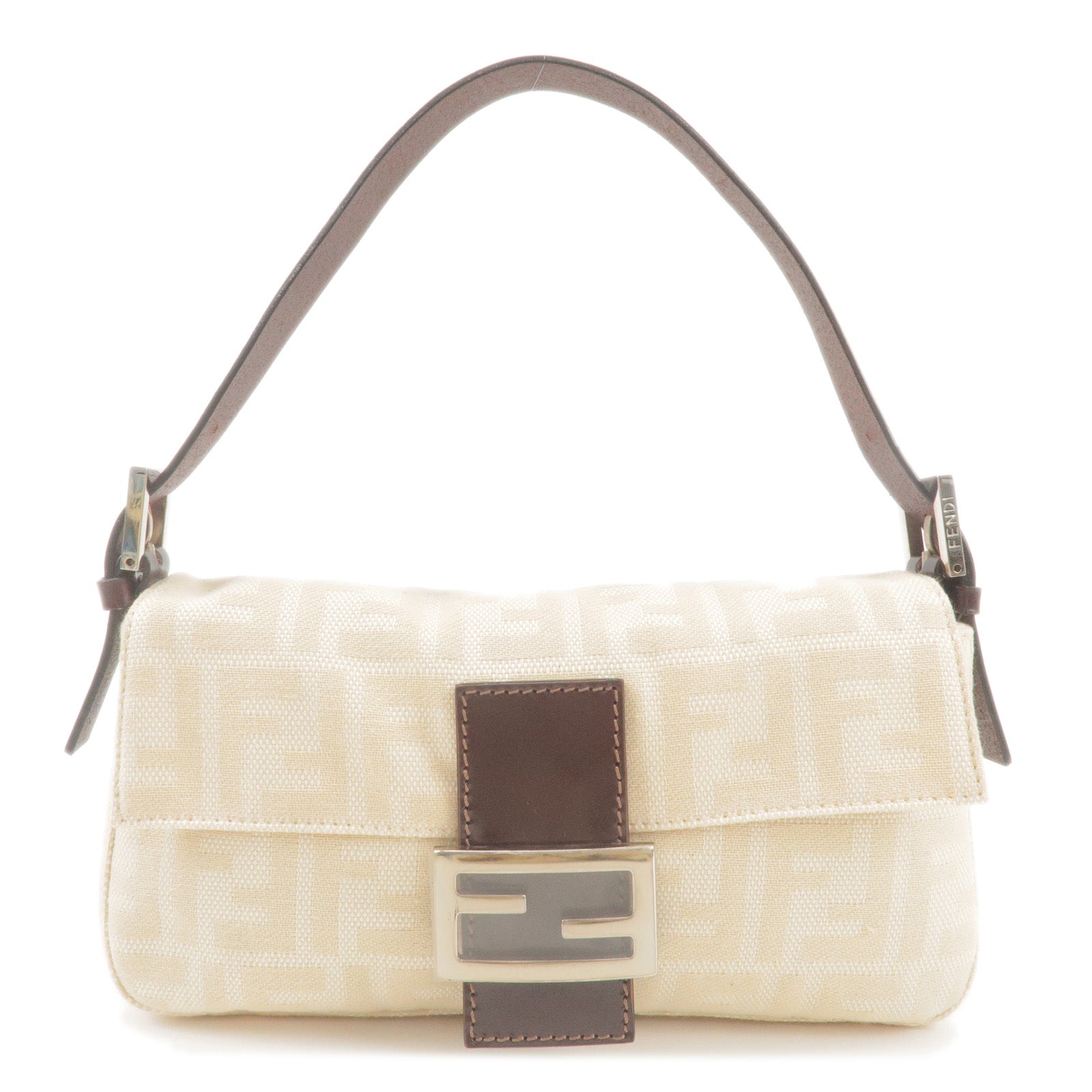 FENDI Zucca Mamma Baguette Canvas Leather Shoulder Bag Beige 26424