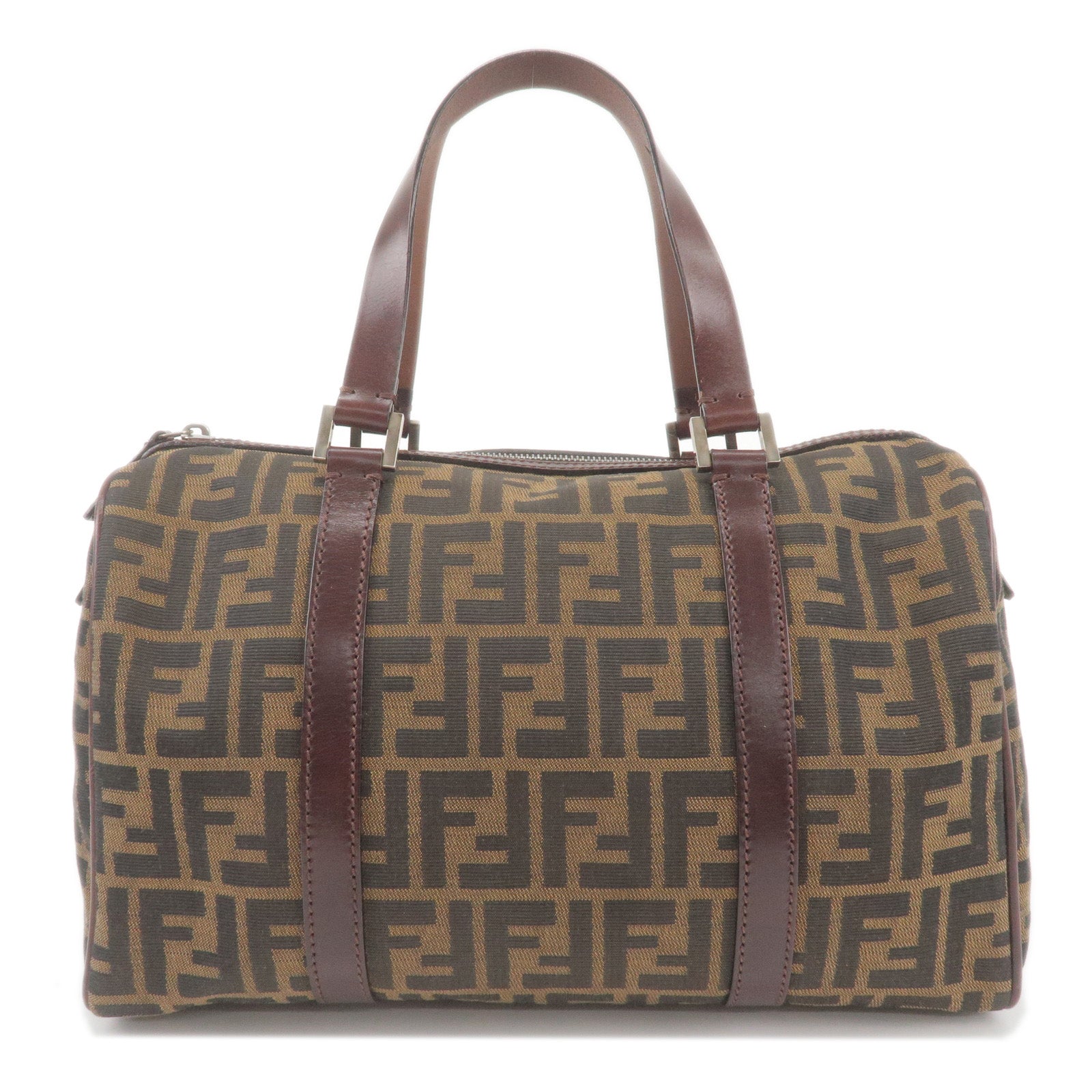 FENDI Zucca Print Canvas Leather Boston Bag Khaki Black 16327