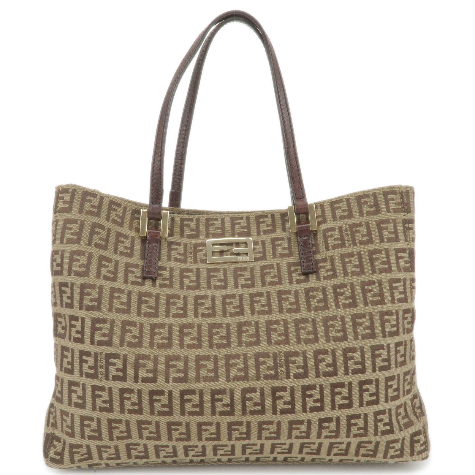 FENDI Zucchino Canvas Leather Hand Bag Beige Brown 8BH132