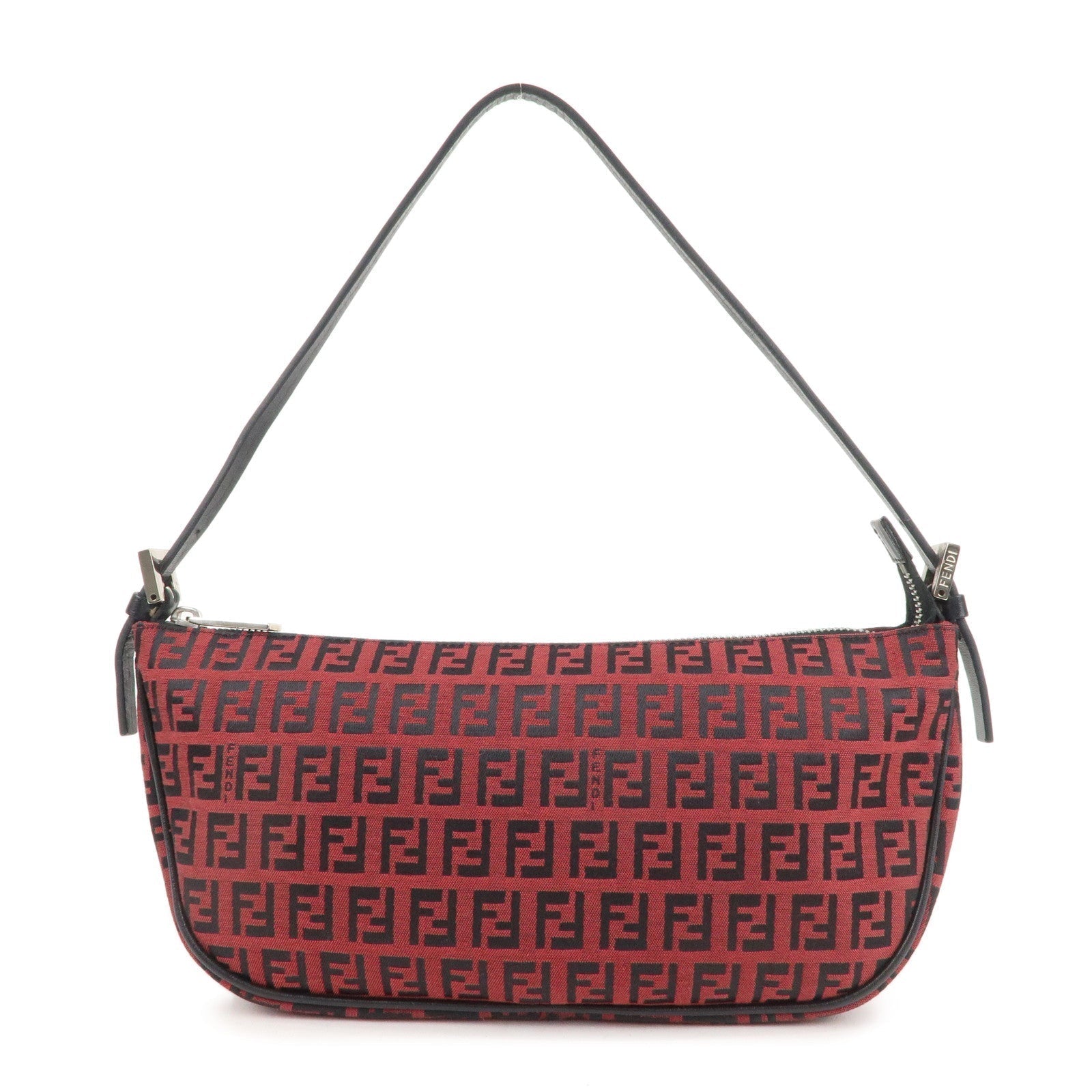 FENDI Zucchino Canvas Leather Shoulder Bag Red Black 8BR144