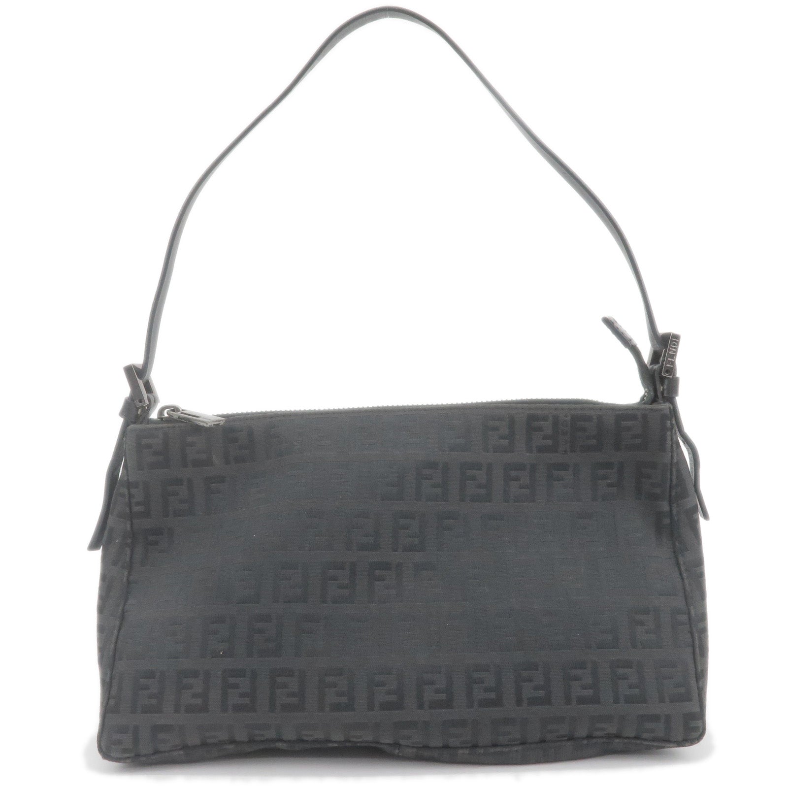 FENDI Zucchino Canvas Leather Shoulder Bag Black 8BR156