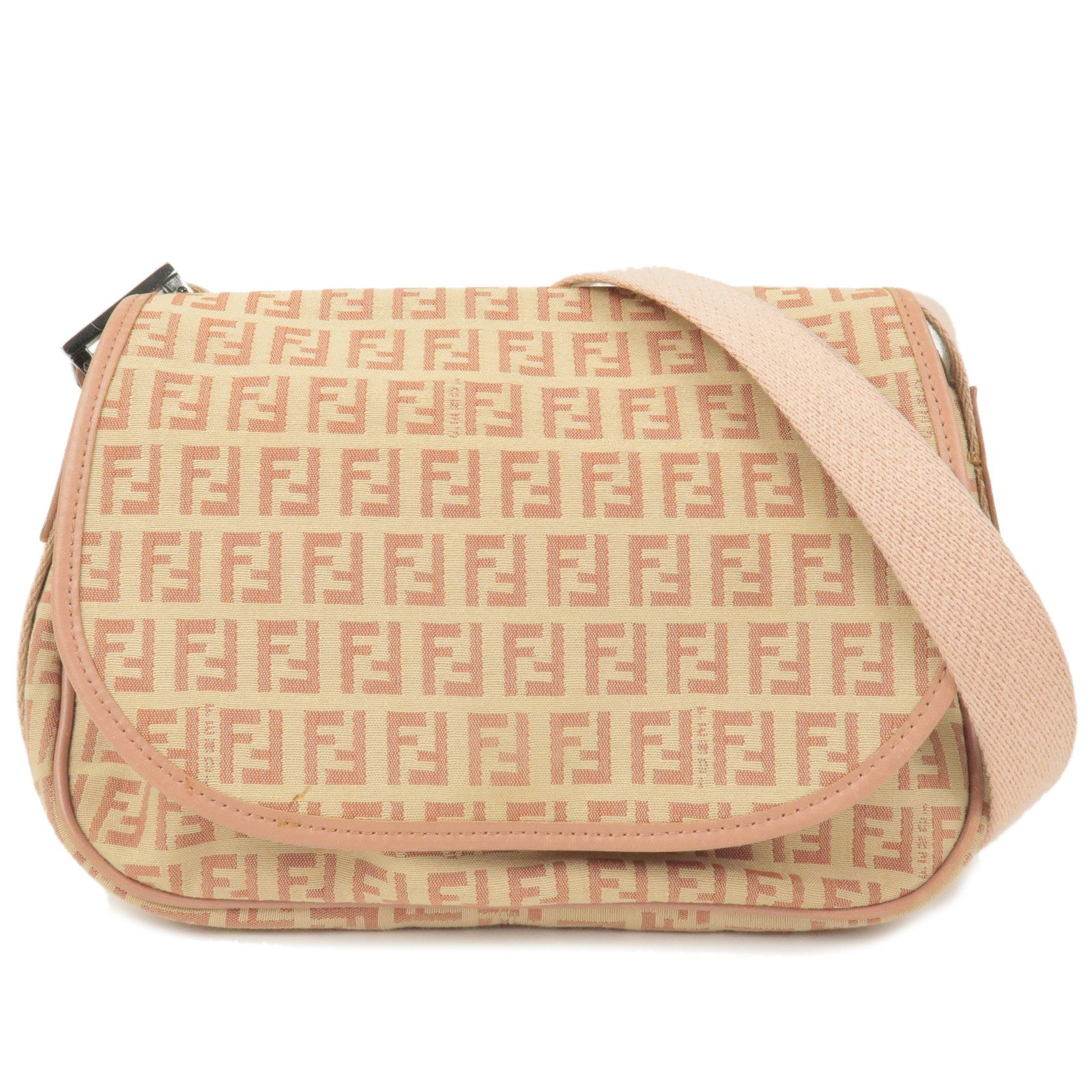 FENDI Zucchino Canvas Leather Shoulder Bag Beige Pink 8BR320