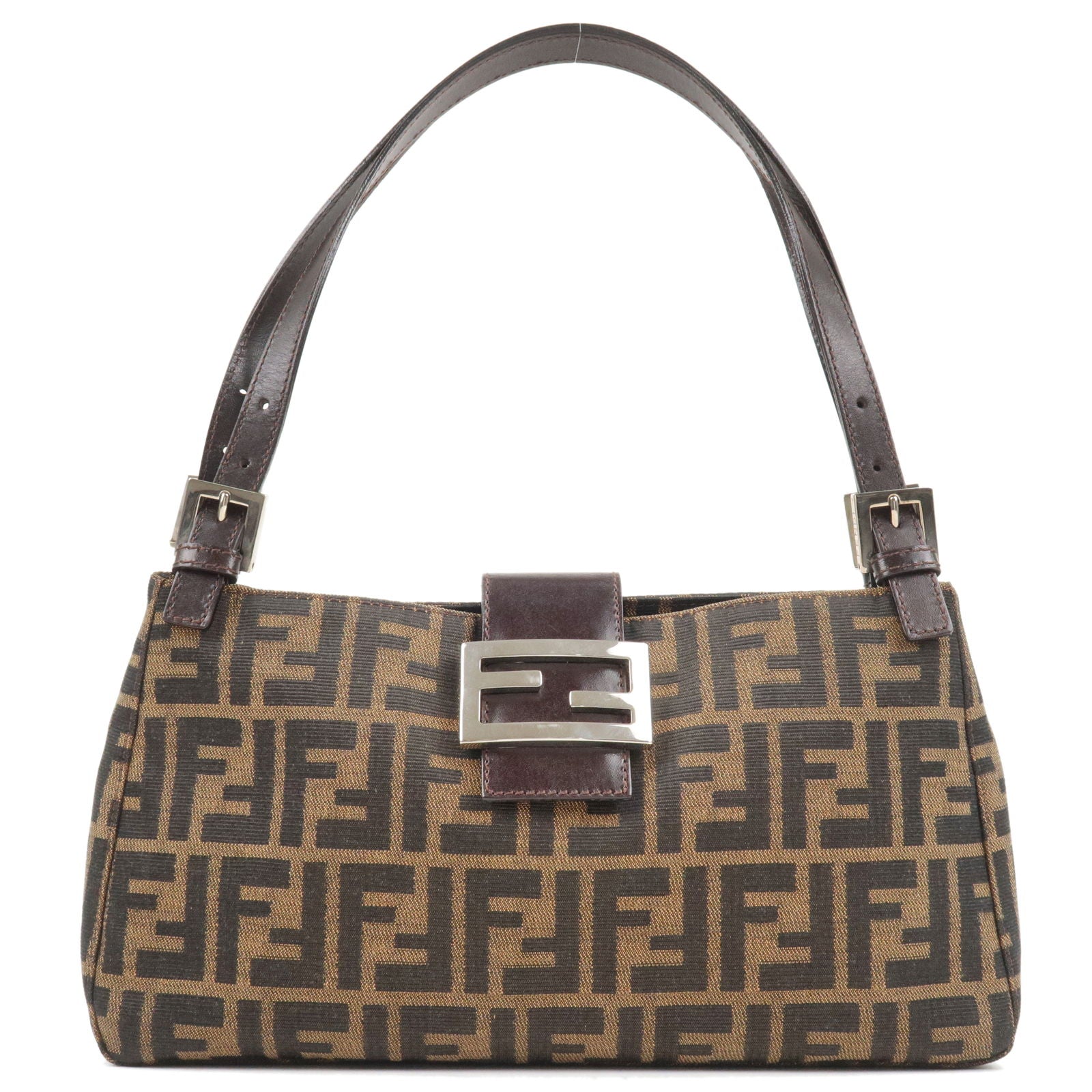 FENDI Zucca Canvas Leather Shoulder Bag Brown Black khaki 26583