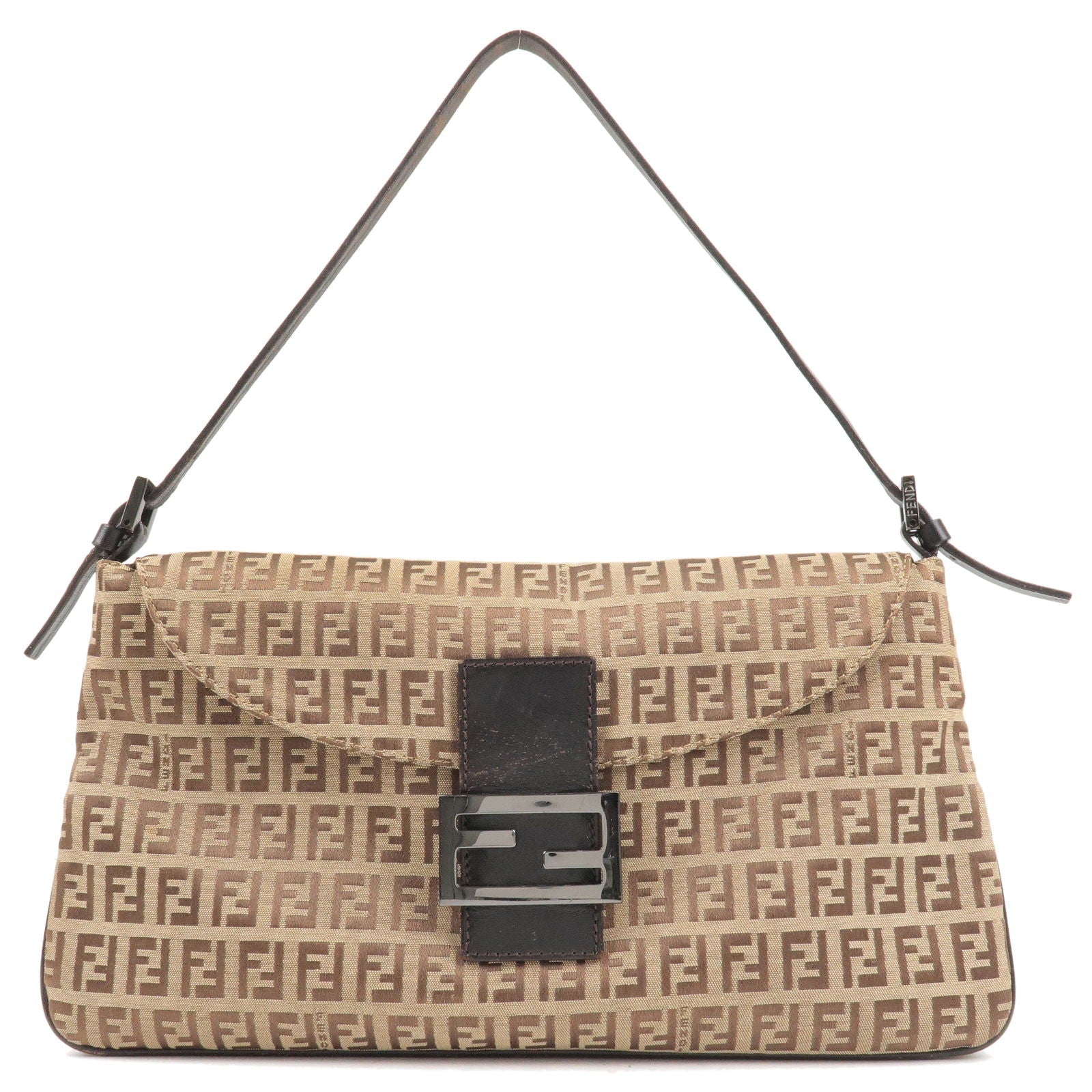 FENDI Zucchino Canvas Leather Shoulder Bag Beige Brown 8BR002