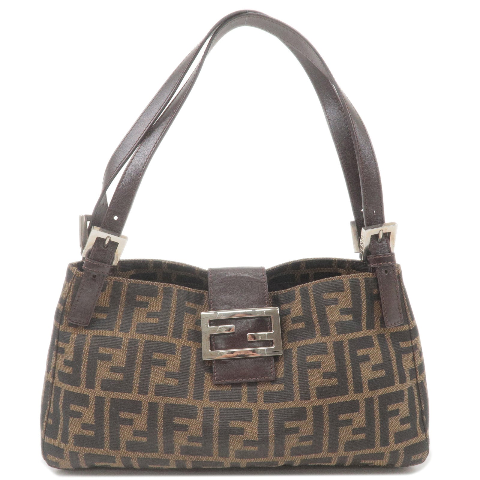 FENDI Zucca Canvas Leather Shoulder Bag Brown Black 26583