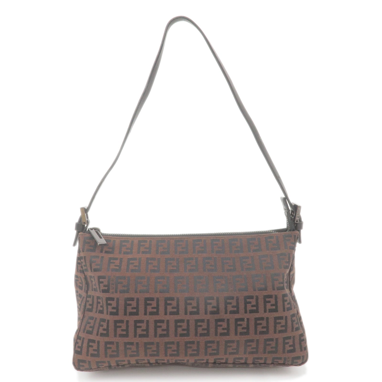 FENDI Zucchino Canvas Leather Shoulder Bag Black Brown 8BR156