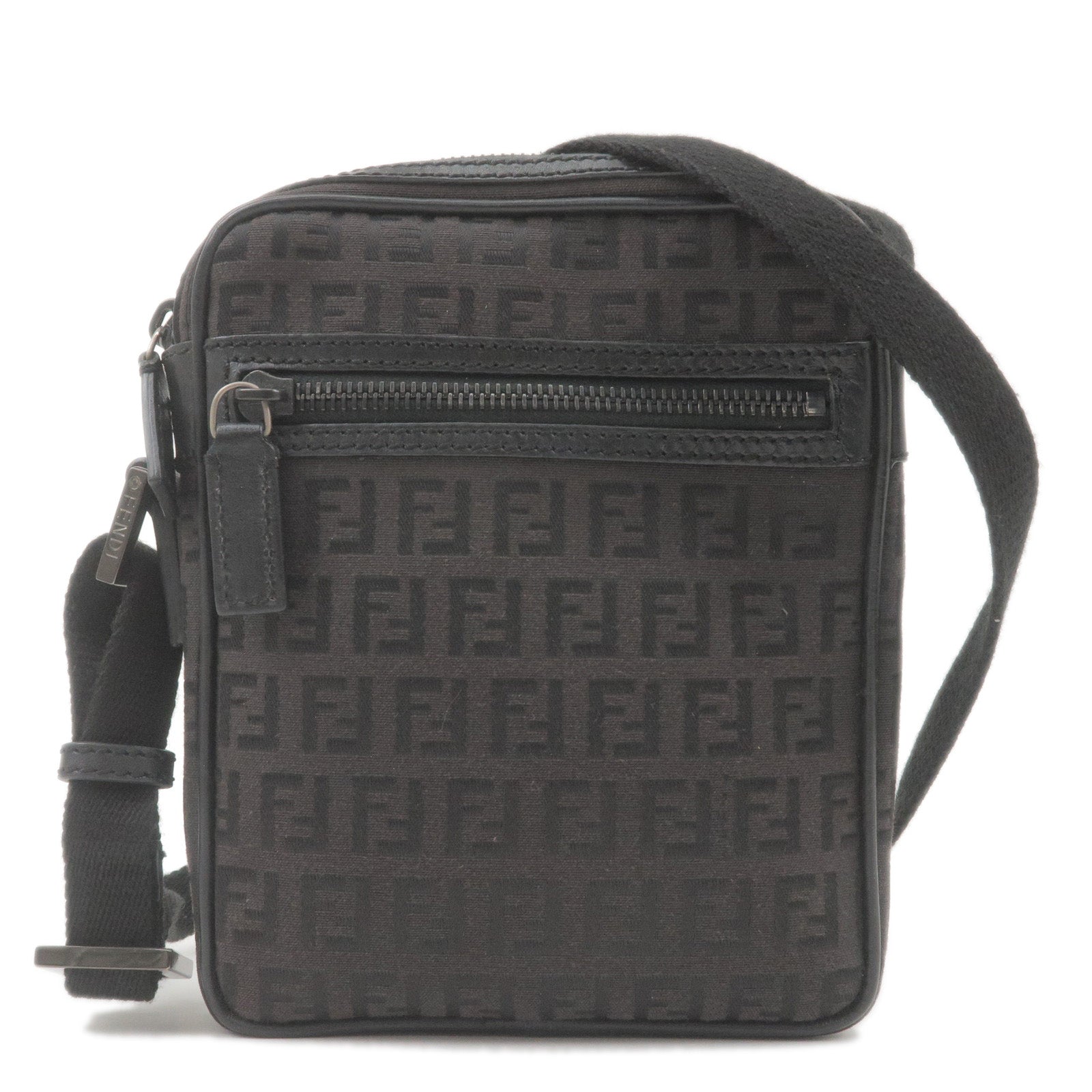 FENDI Zucchino Canvas Leather Shoulder Bag Dark Brown Black 8BT098
