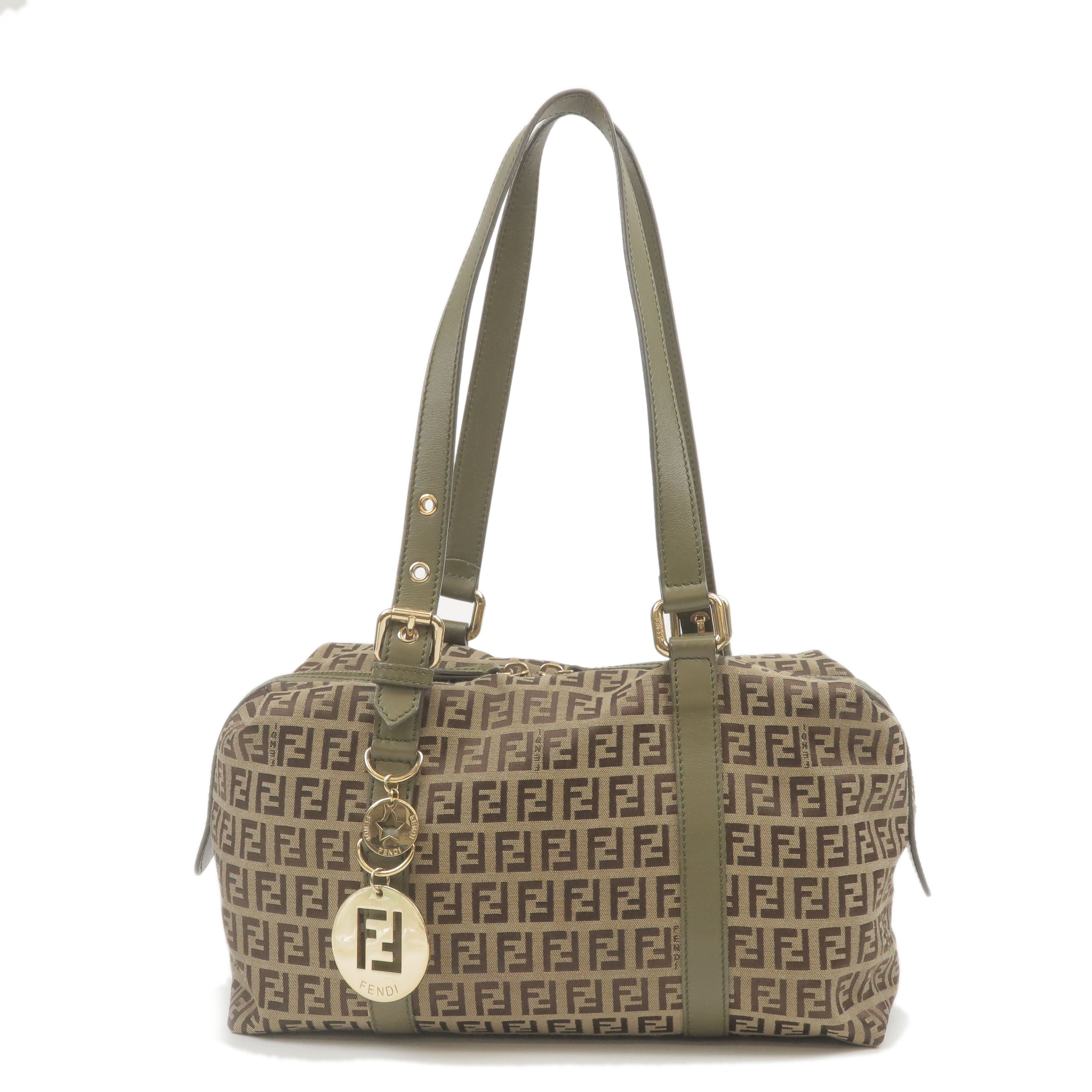 FENDI Zucchino Canvas Leather Boston Bag Khaki Brown 8BL106