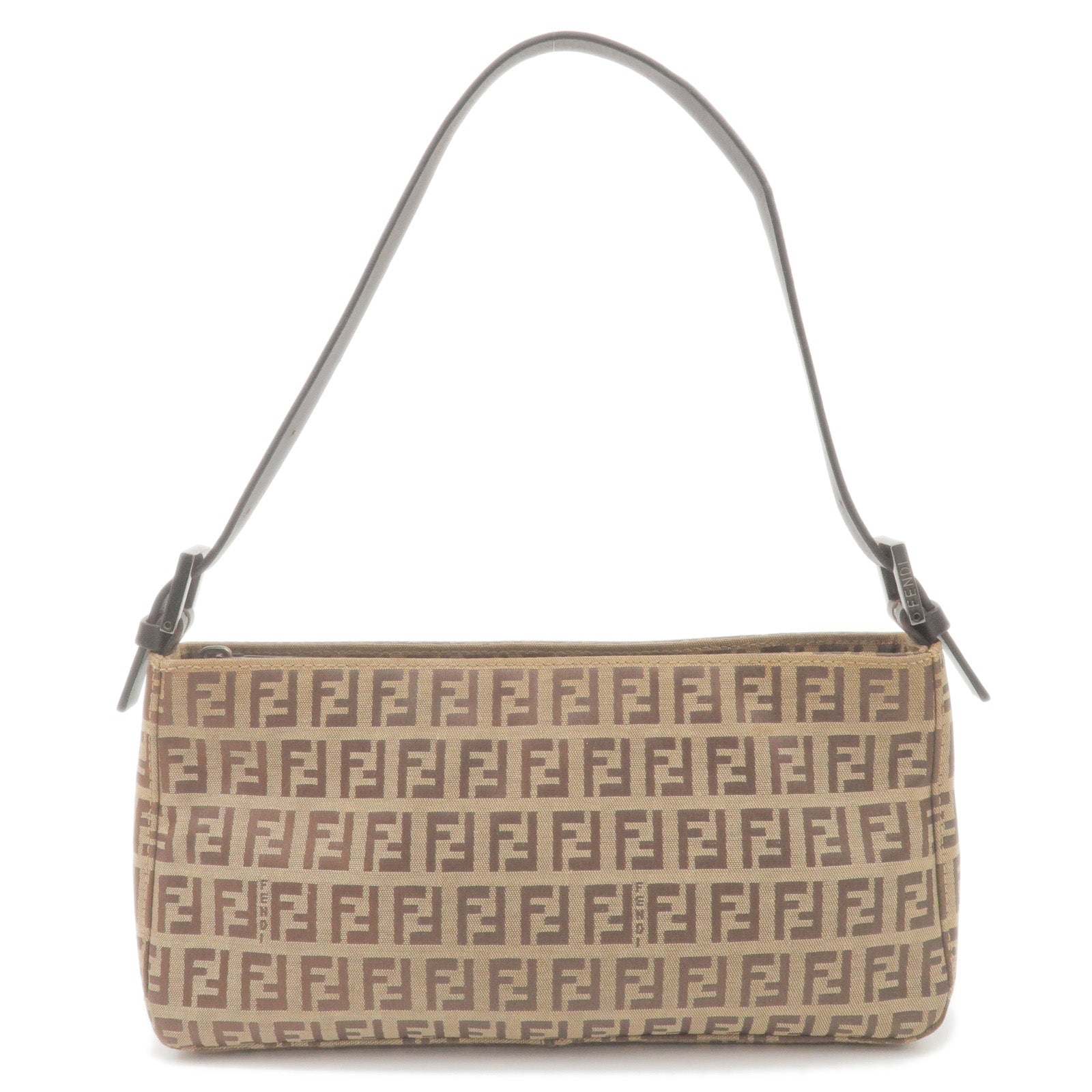 FENDI Zucchino Canvas Leather Shoulder Bag Beige Brown 8BR042