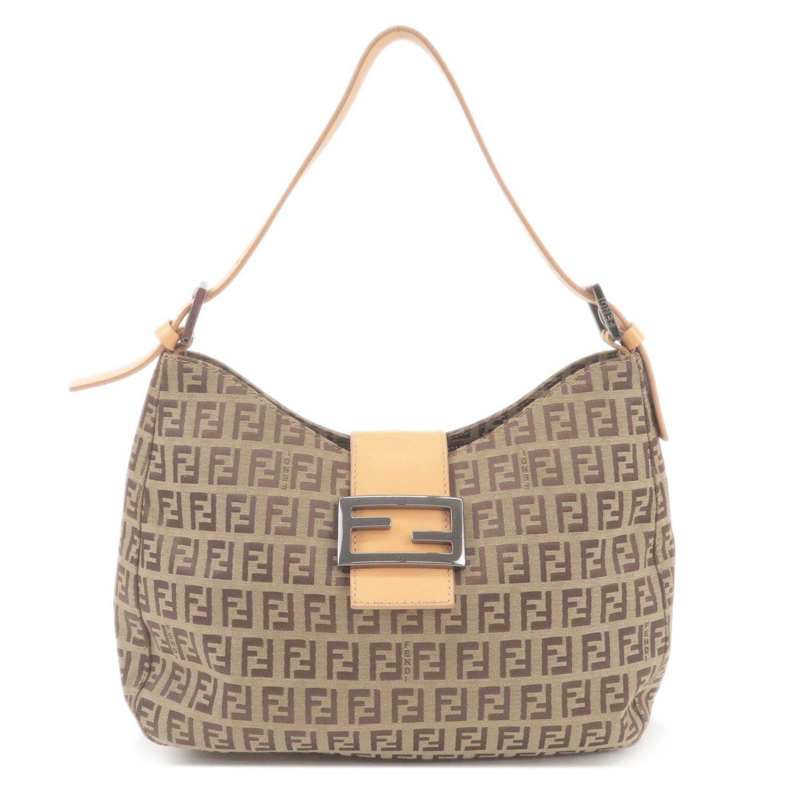 FENDI Zucchino Canvas Leather Shoulder Bag Beige Brown 8BR036