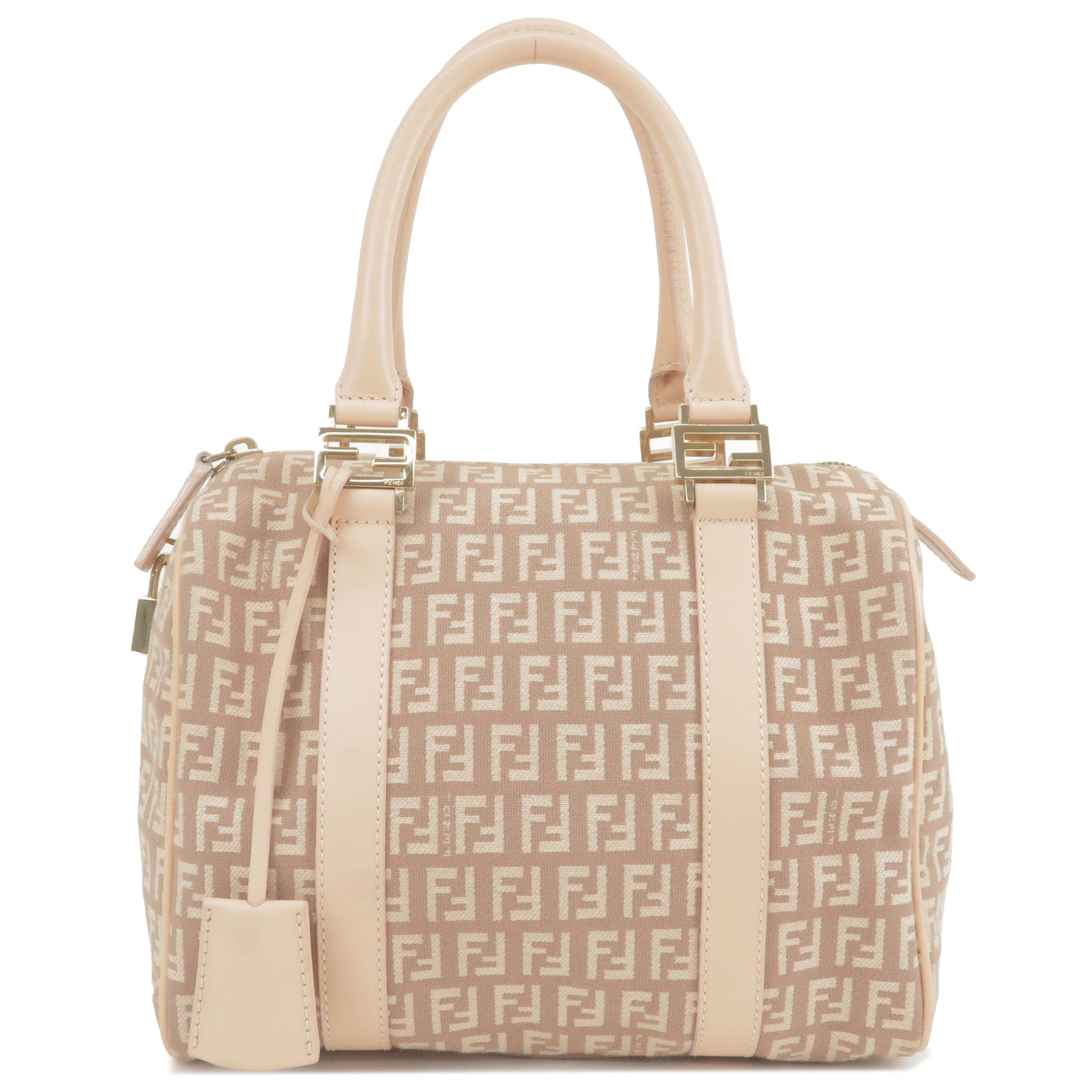 FENDI Zucchino Canvas Leather Boston Bag Pink Beige 8BL068