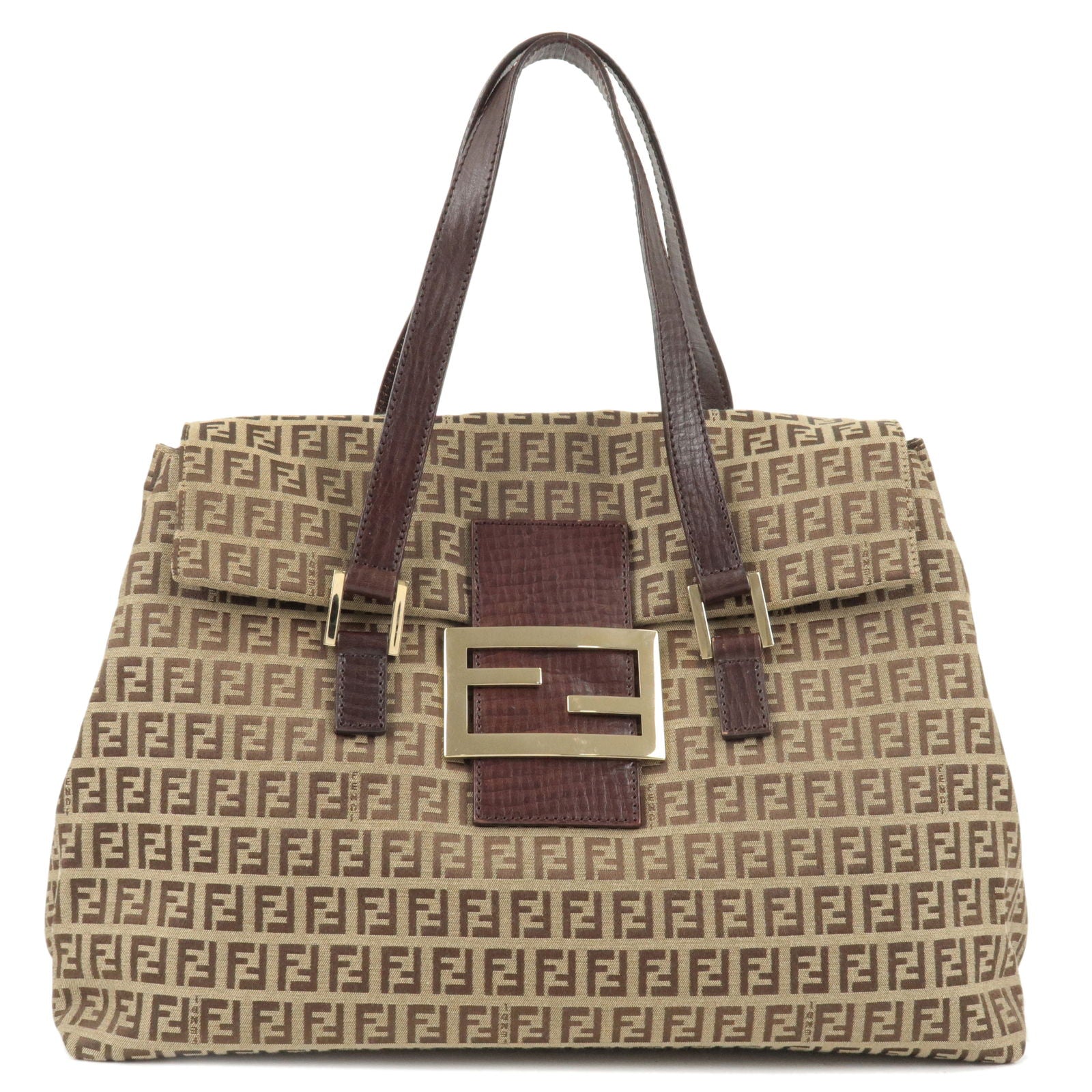 FENDI Zucchino Canvas Leather Shoulder Bag Beige Brown 8BN188
