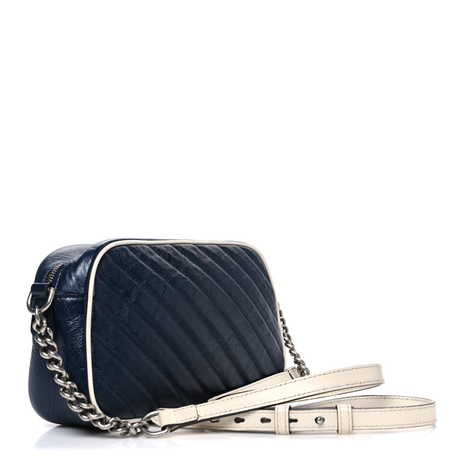 Gucci Vintage Effect Calfskin Matelasse Diagonal Small Torchon GG Marmont Chain Shoulder Bag Blue Agata Mystic White