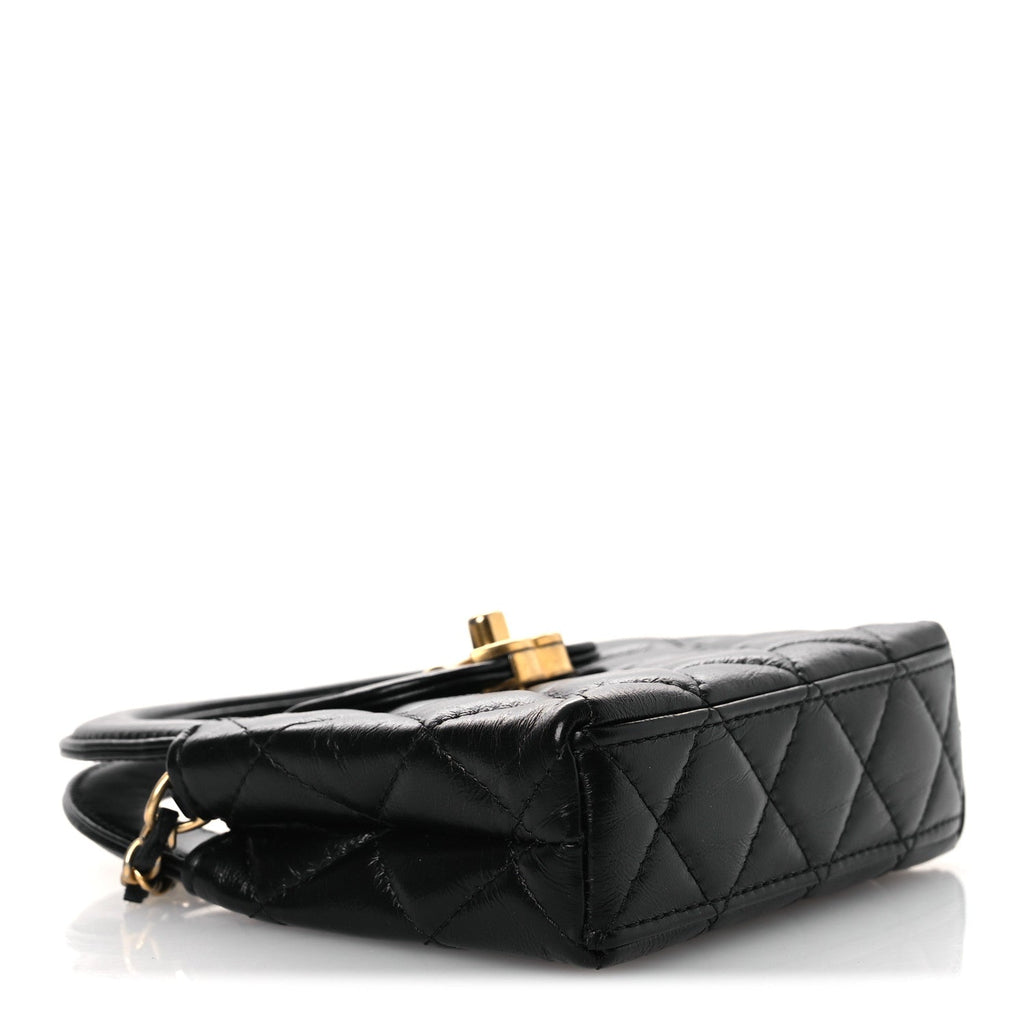 Chanel Shiny Aged Calfskin Quilted Mini Nano Kelly Shopper Black
