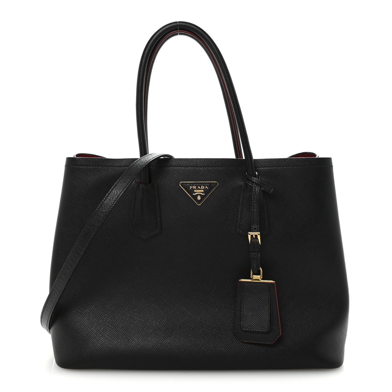 Prada Saffiano Cuir Large Double Bag Black Fuoco