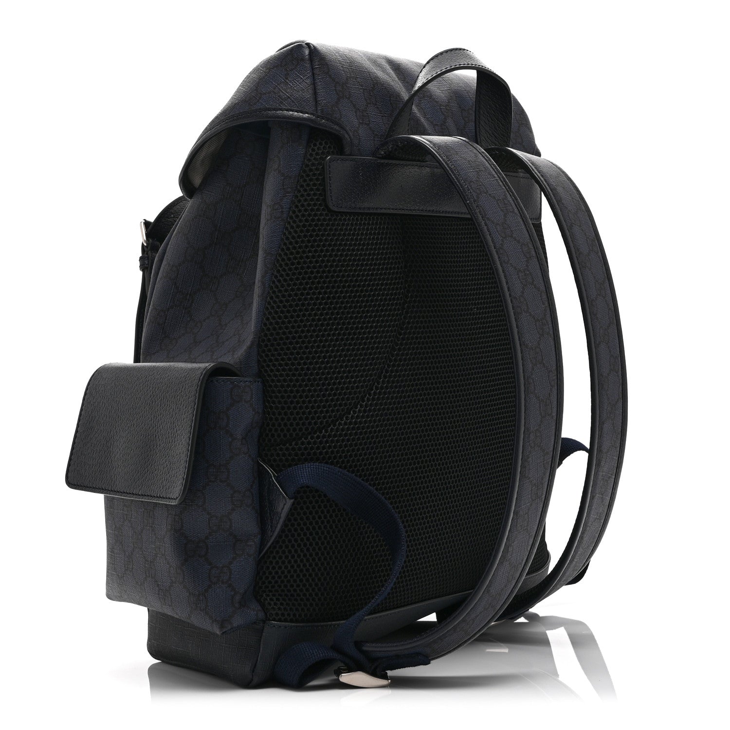 Gucci GG Supreme Monogram Textured Dollar Calfskin Medium Ophidia Double Buckle Backpack Blue Dark Blue Black