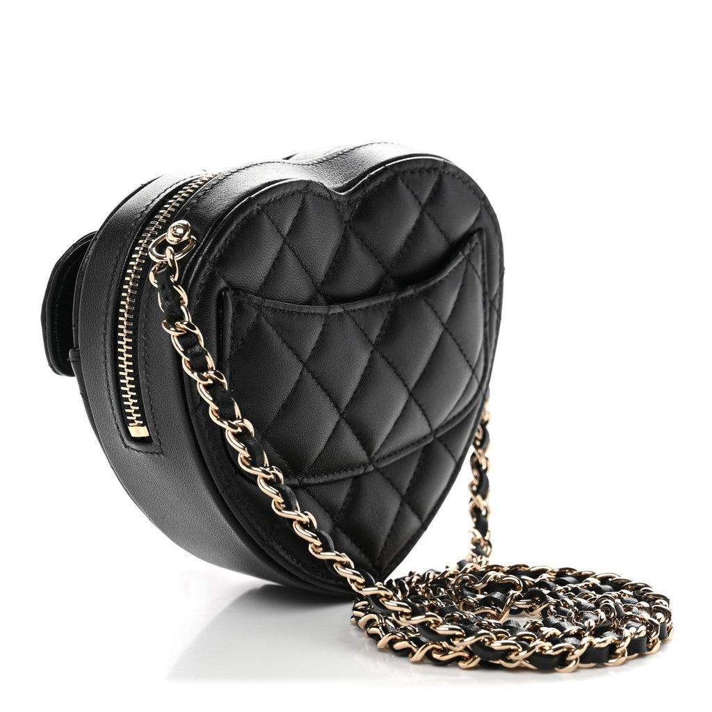 Chanel Lambskin Quilted CC In Love Heart Clutch With Chain Black