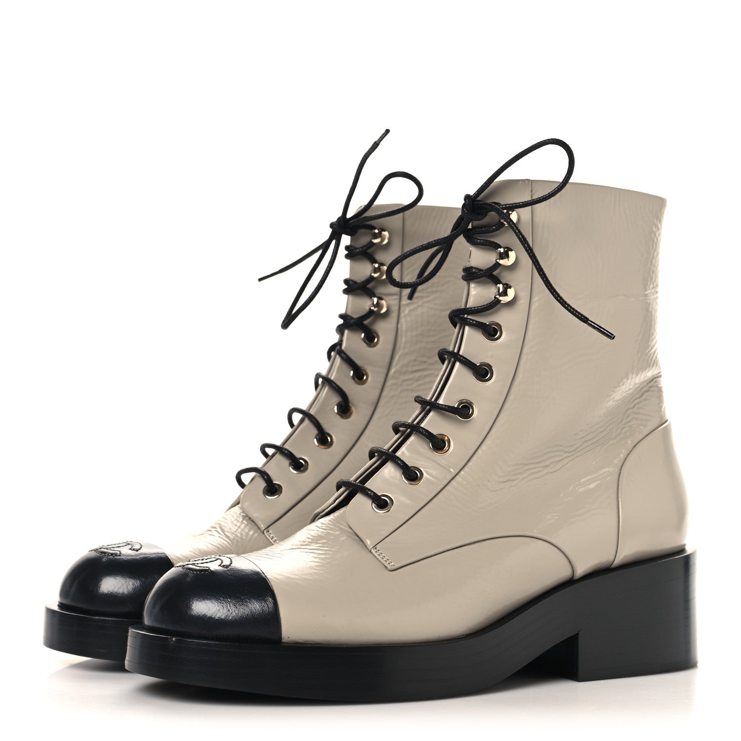 Chanel Shiny Goatskin Cap Toe Combat Boots 39 Gray Dark Gray