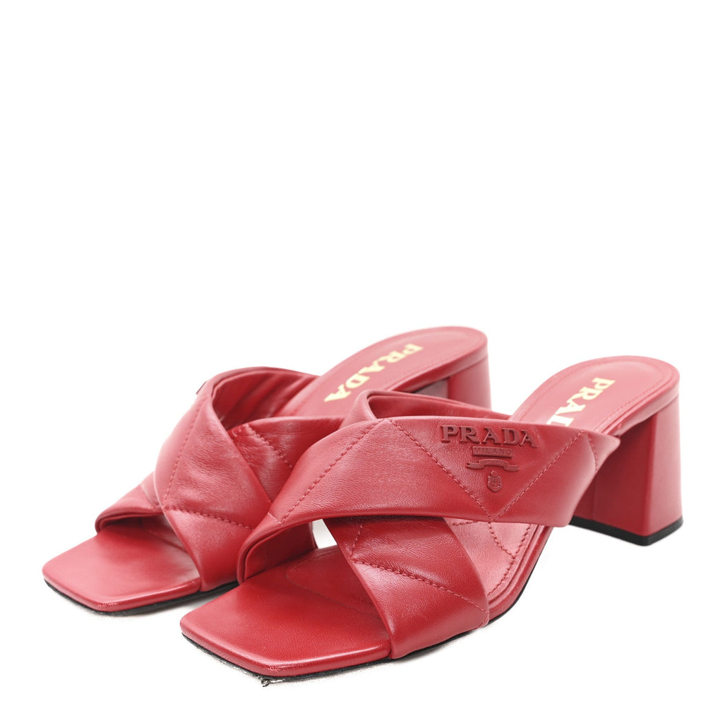 Prada Nappa Logo Quilted Crisscross 65mm Block Heel Slide Sandals 36.5 Red