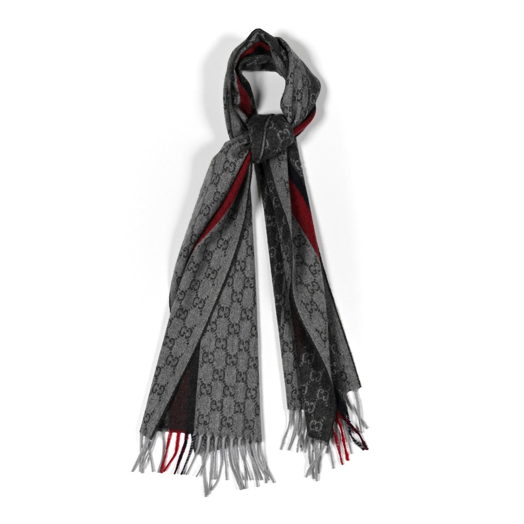 Gucci Cashmere Monogram Web Fringe Scarf Grey Red Navy