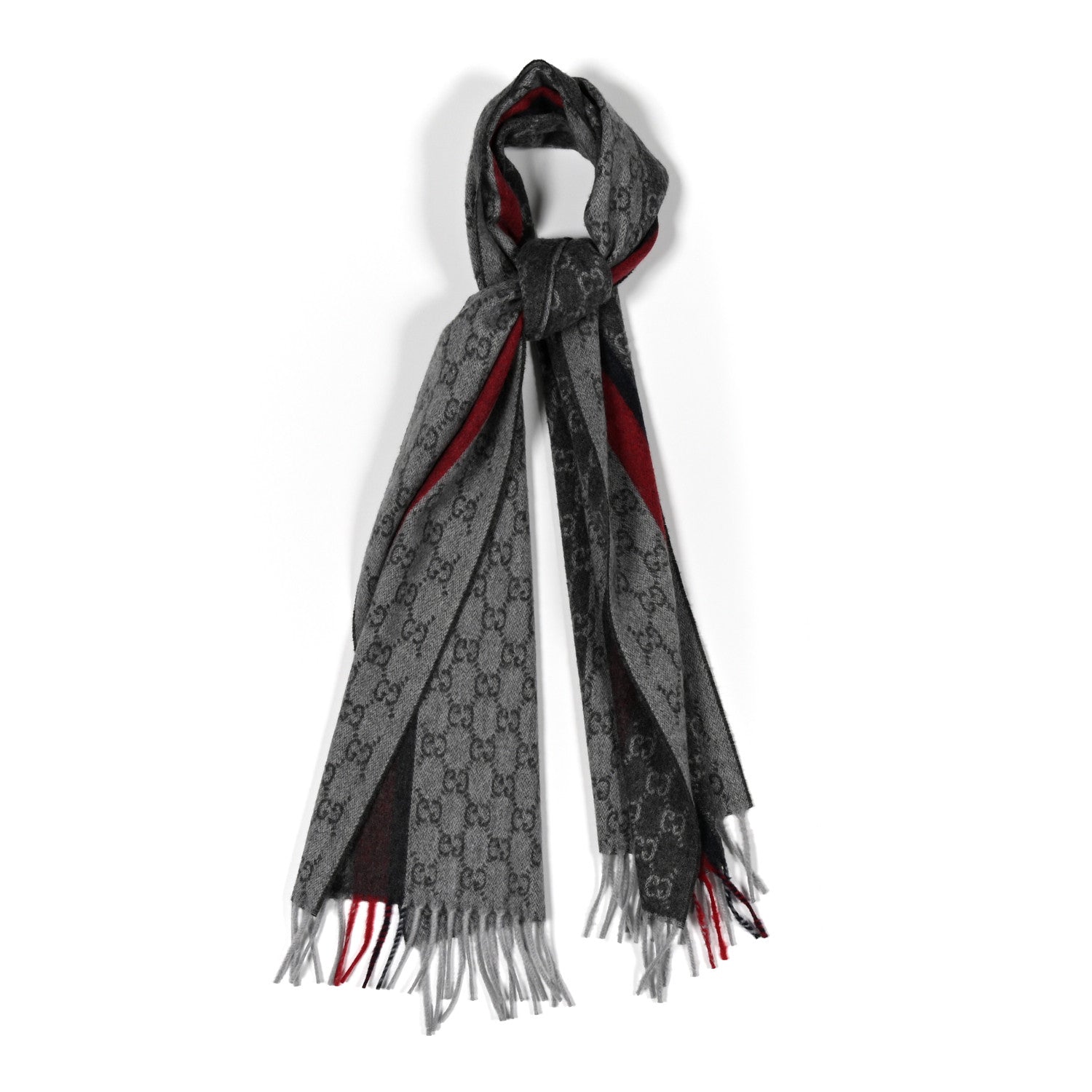 Gucci Cashmere Monogram Web Fringe Scarf Grey Red Navy