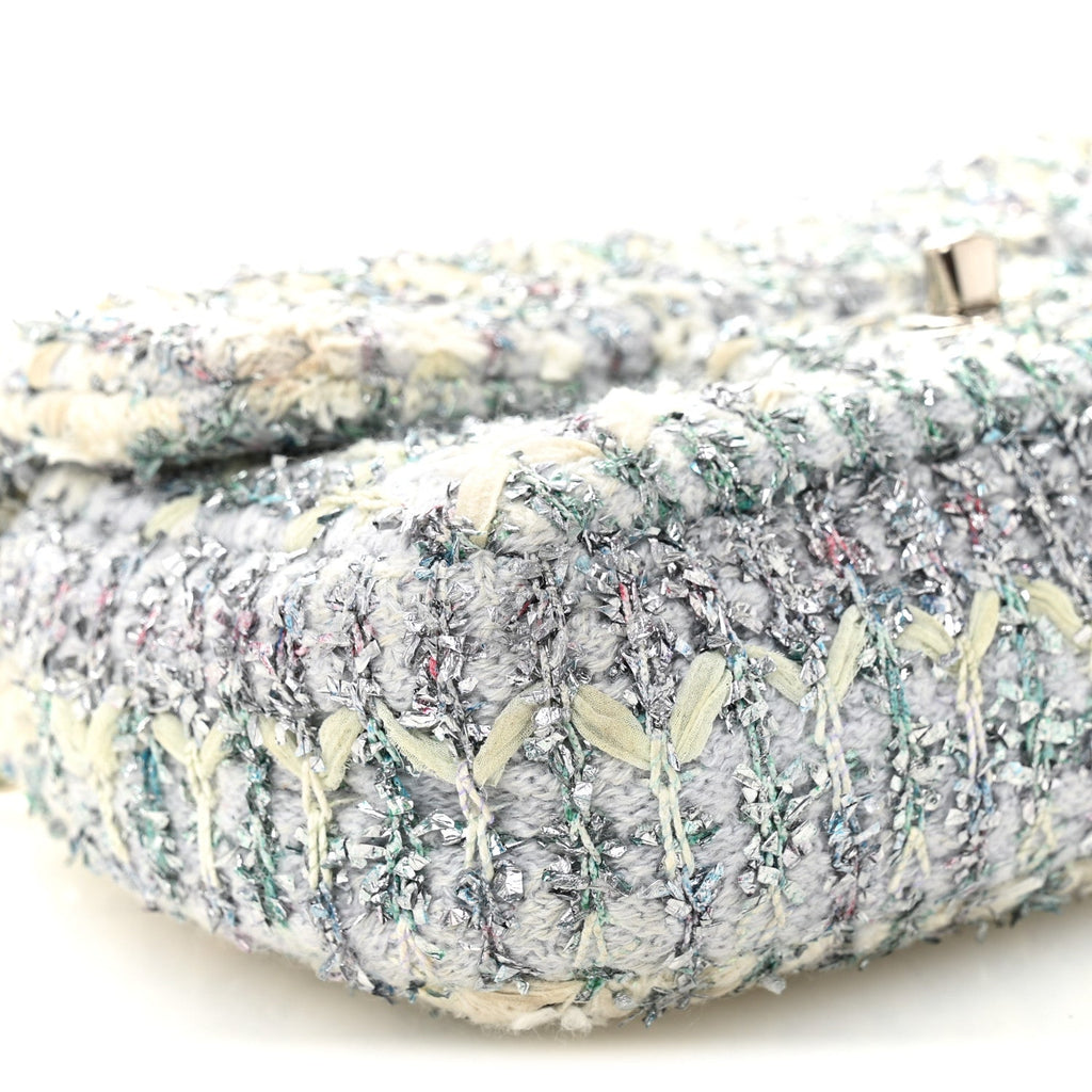 Chanel Tweed Quilted Mini Rectangular Flap Light Green Silver White