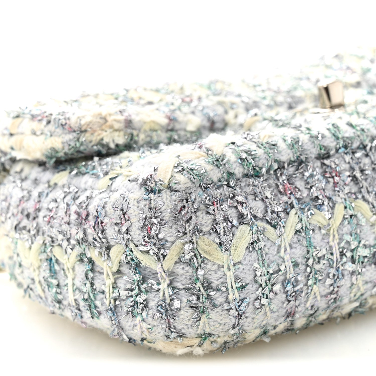 Chanel Tweed Quilted Mini Rectangular Flap Light Green Silver White