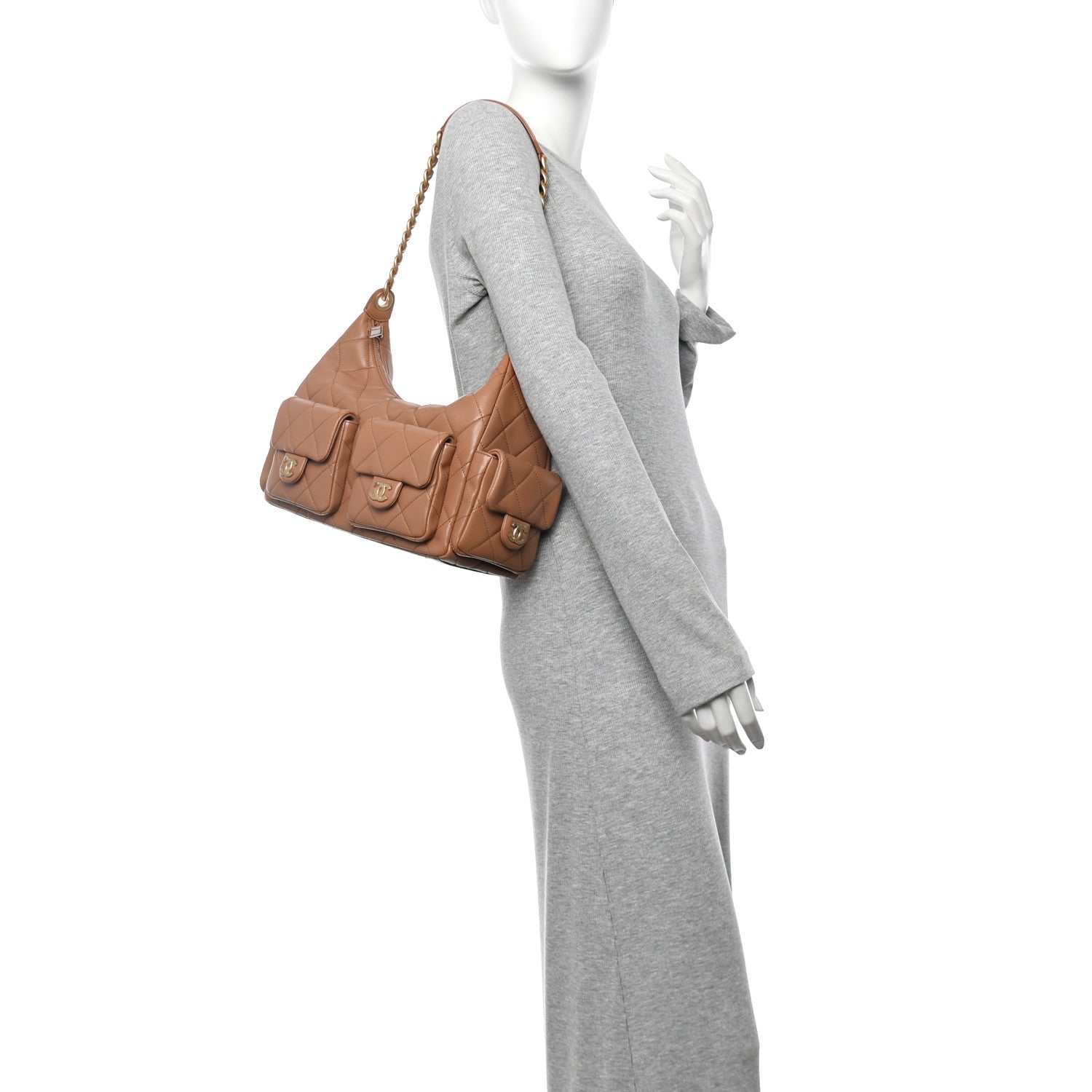 Chanel Shiny Lambskin Quilted Trendy Pockets Hobo Brown