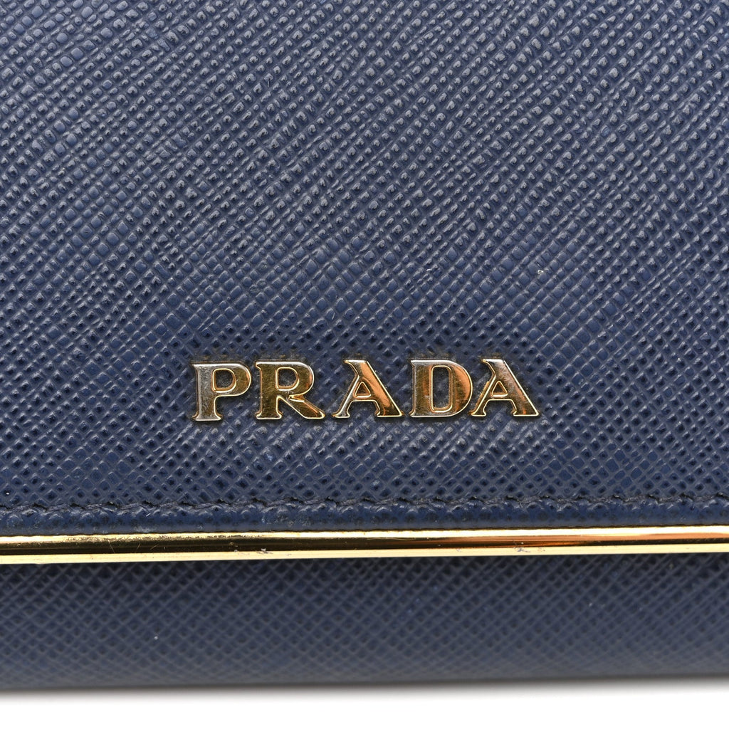 Prada Saffiano Metal Bar Continental Flap Wallet Bluette
