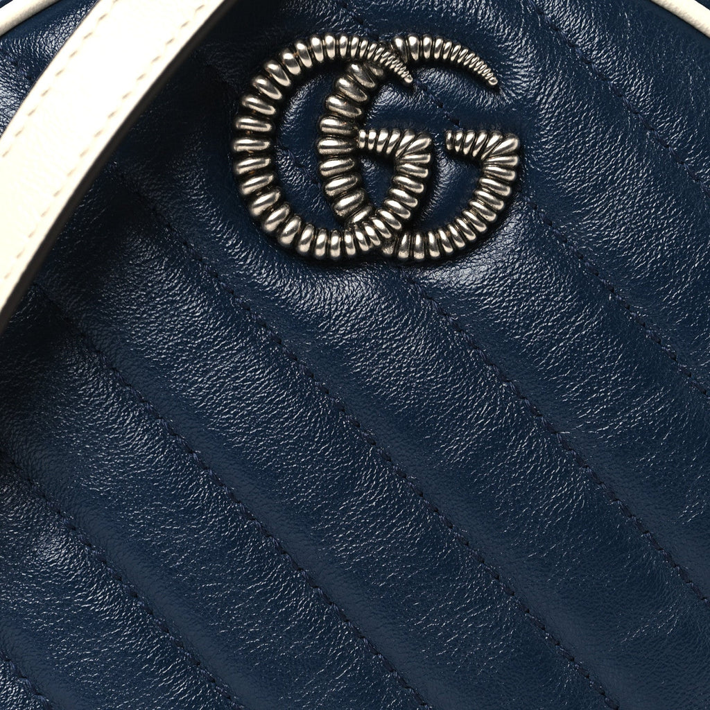 Gucci Azalea Calfskin Matelasse Diagonal Mini Torchon GG Marmont Round Shoulder Bag Blue Agata Mystic White