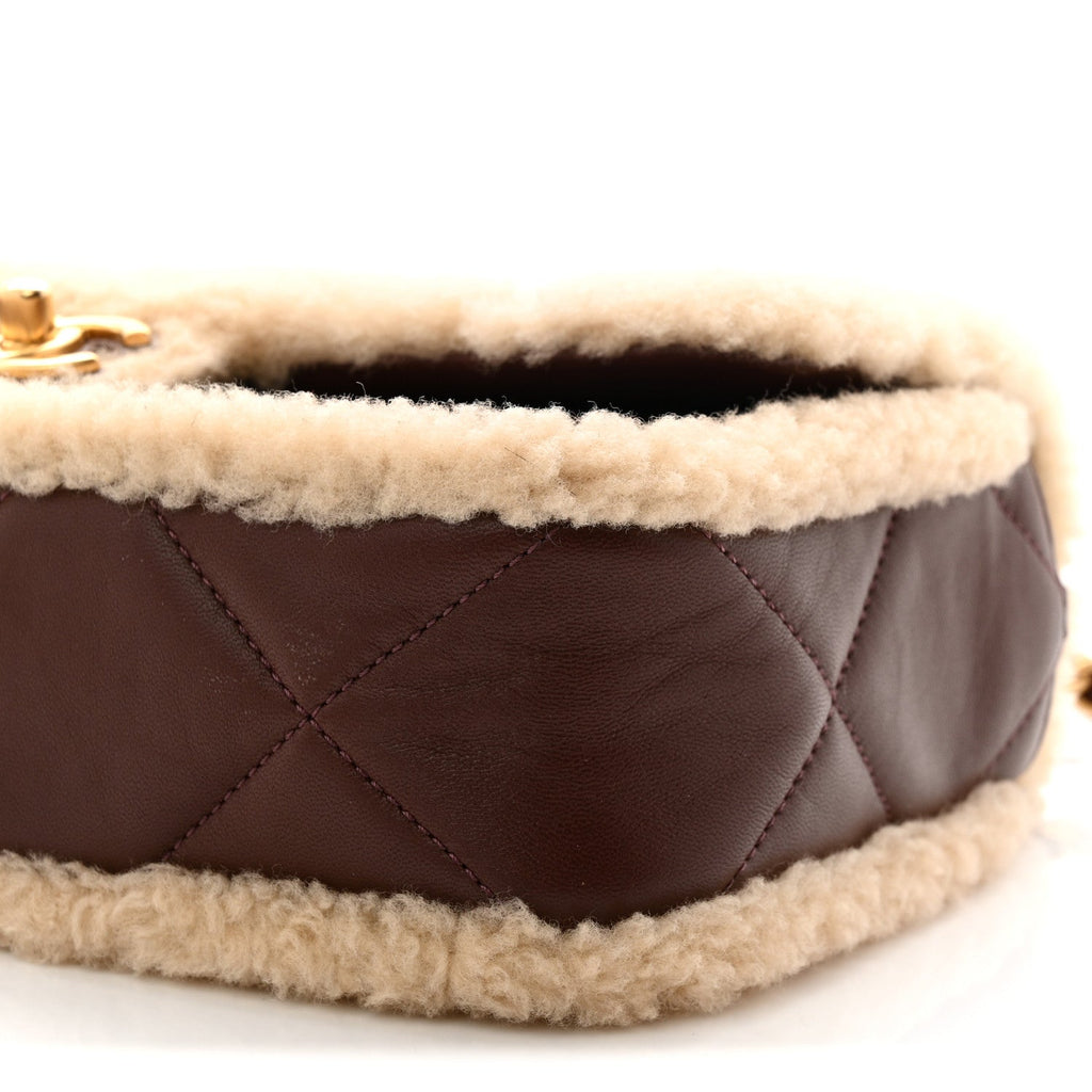 Chanel Shearling Lambskin Quilted Furry Coco Flap Dark Brown Beige