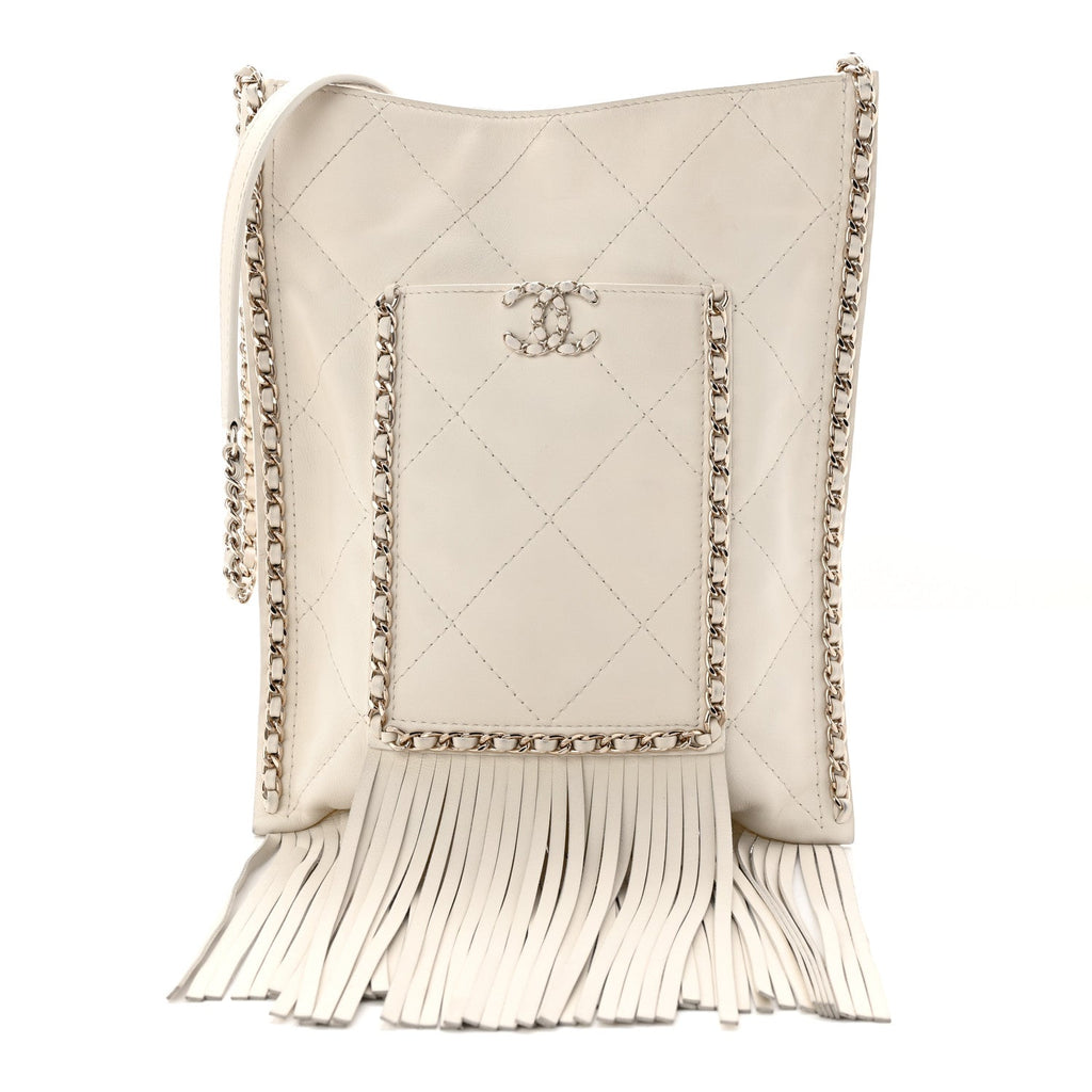 Chanel Calfskin Quilted Fringe Small Shopping Bag White
