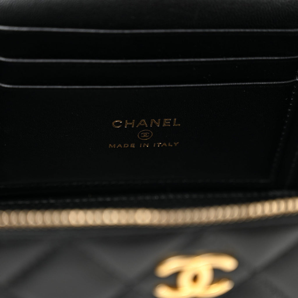 Chanel Lambskin Quilted Metal Small Top Handle Vanity Case With Chain Black