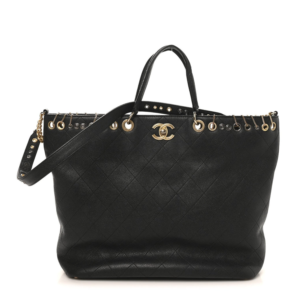 Chanel Caviar Quilted Grommet Embellished Piercing Chic Tote Bag Black