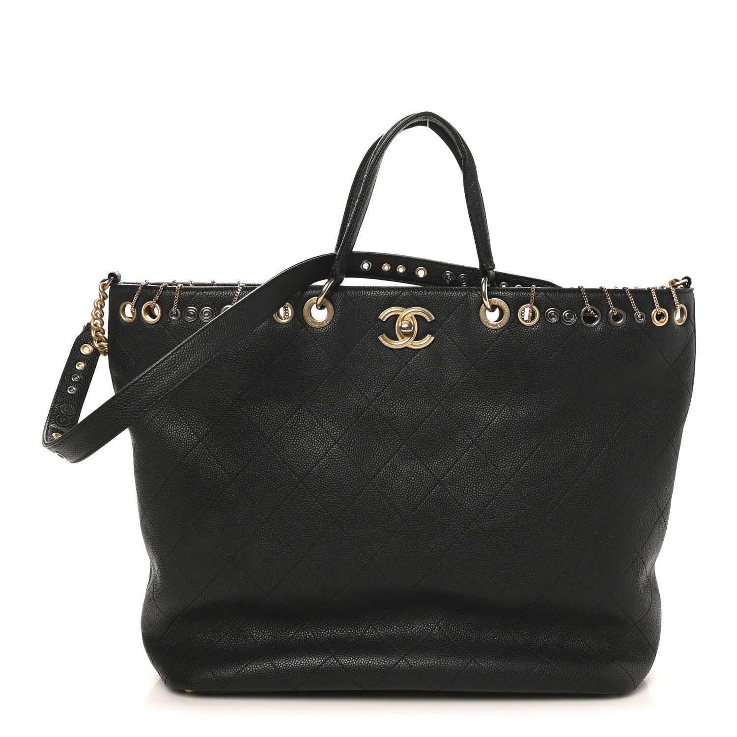 Chanel Caviar Quilted Grommet Embellished Piercing Chic Tote Bag Black