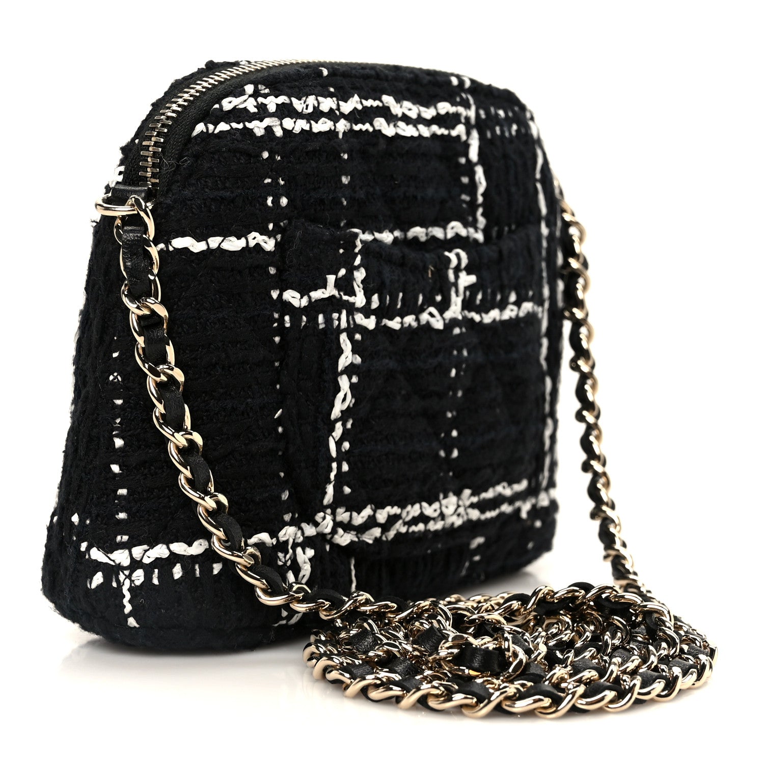 Chanel Tweed Quilted Mini Clutch With Chain Black White