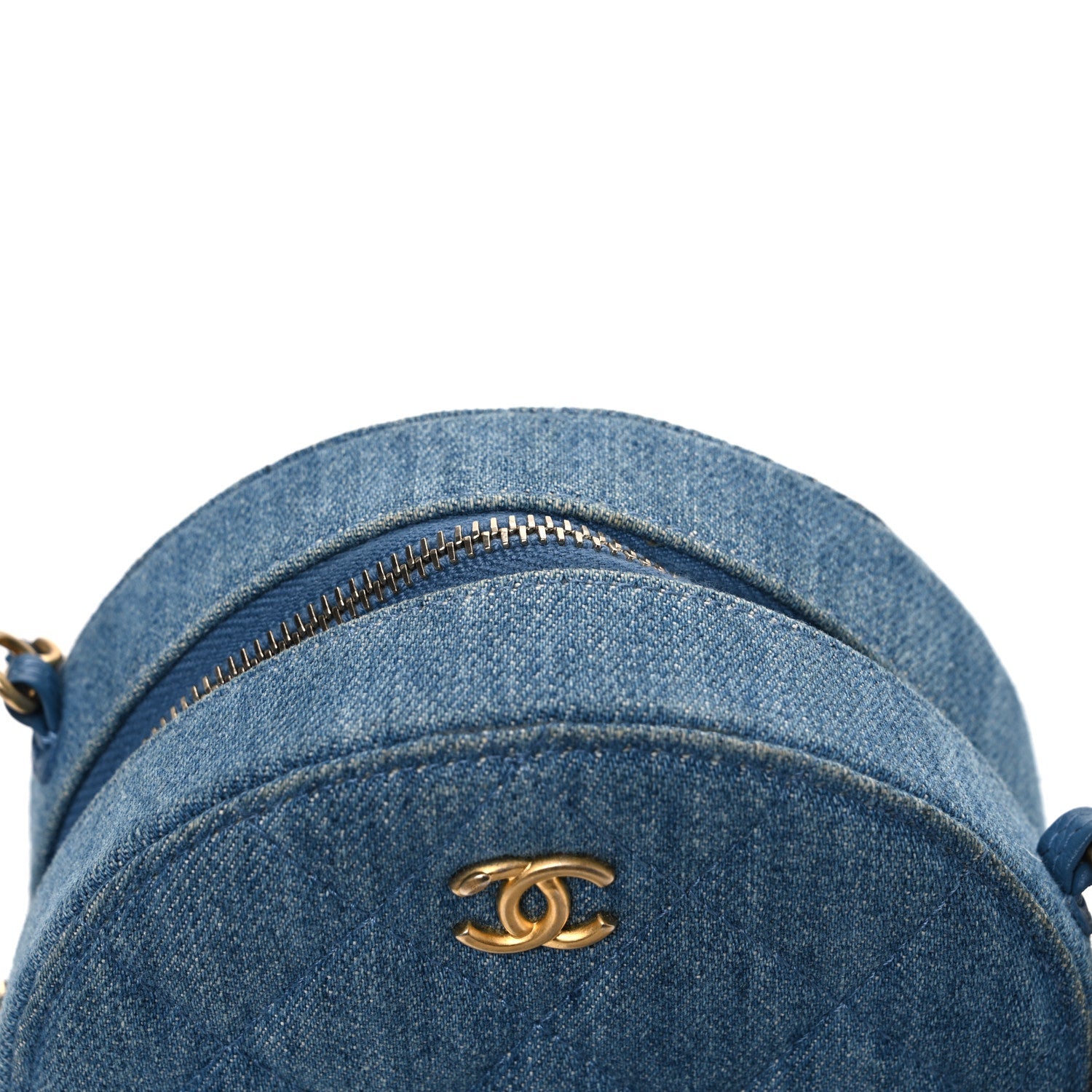 Chanel Denim Quilted Round Pearl Crush Clutch With Chain Blue