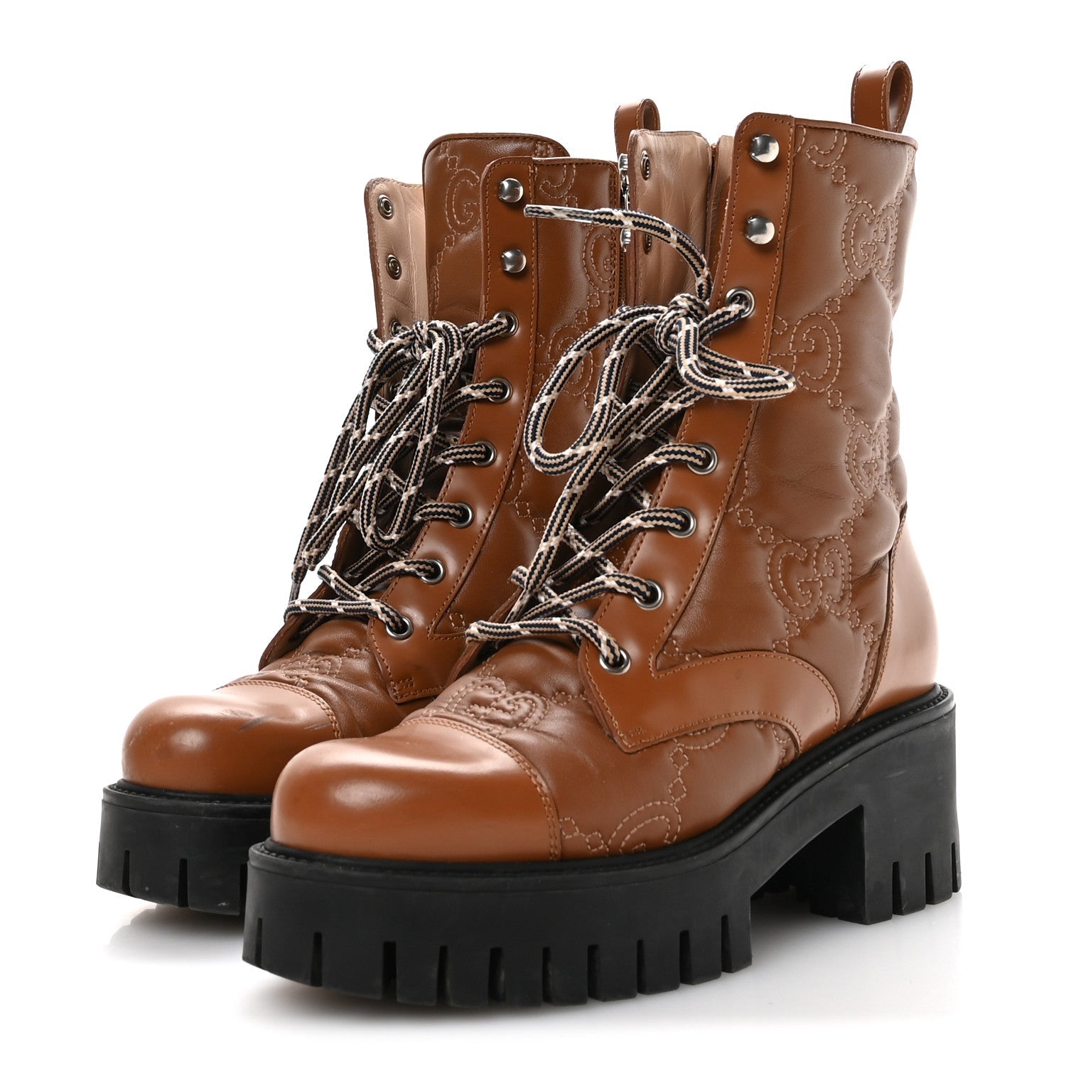 Gucci Cordovan Lux Nappa GG Matelasse Lace Up 60mm Combat Boots 36 Dark Hazel Brown