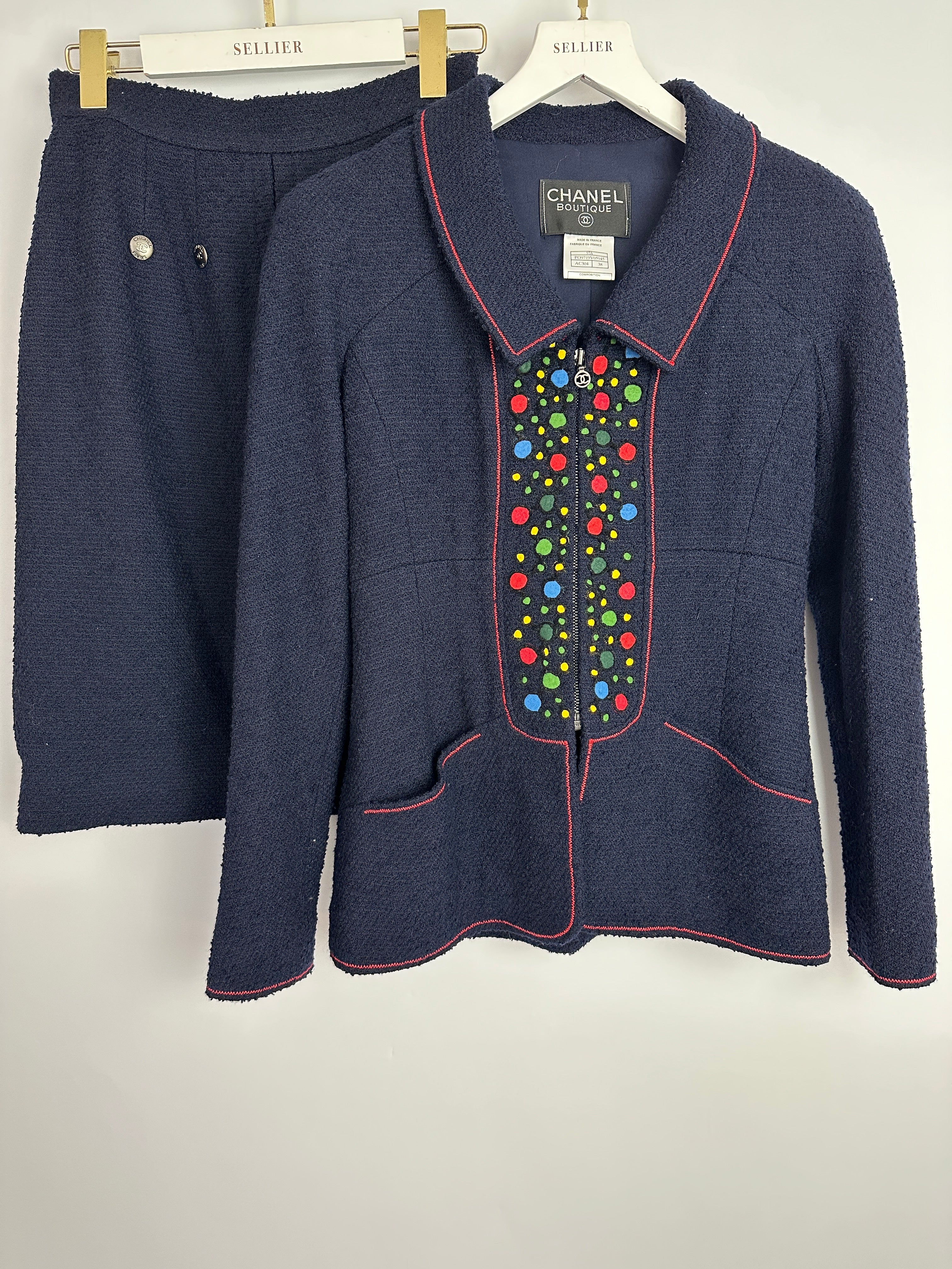 Chanel 97A Navy Wool Long Sleeve Jacket and Pencil Skirt Set with Red, Blue, Green and Yellow Neckline Applique Detail Size FR 38 (UK 10)