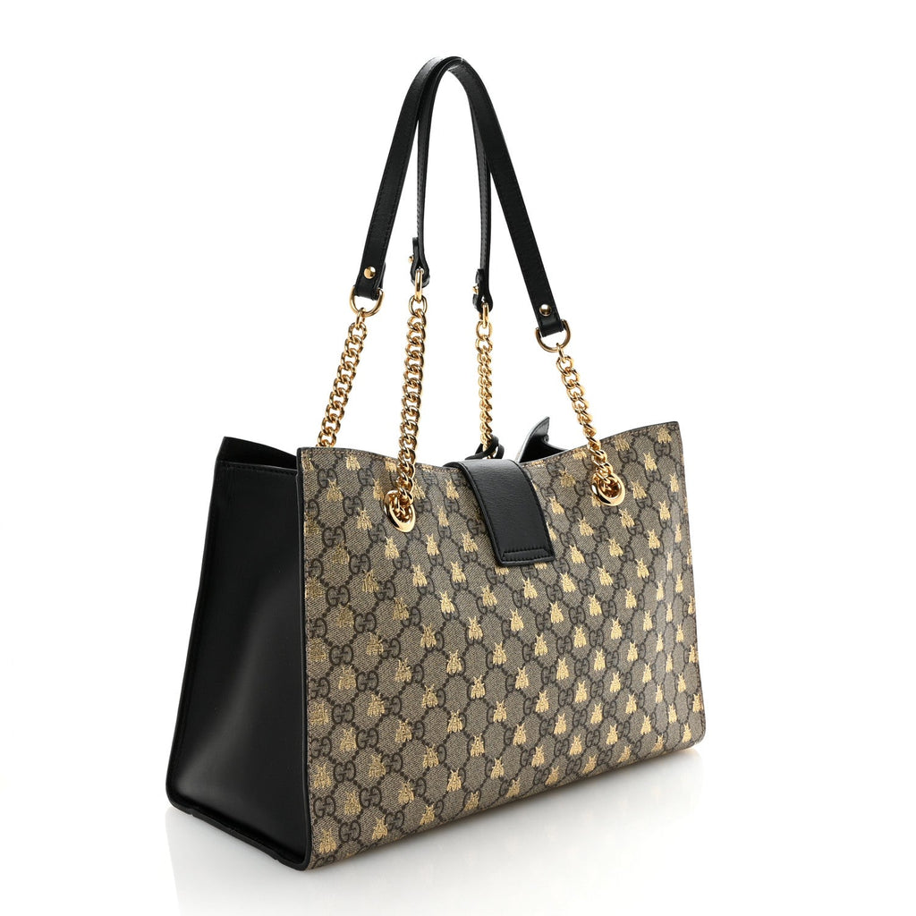 Gucci GG Supreme Monogram Bees Medium Padlock Tote Beige Oro Black