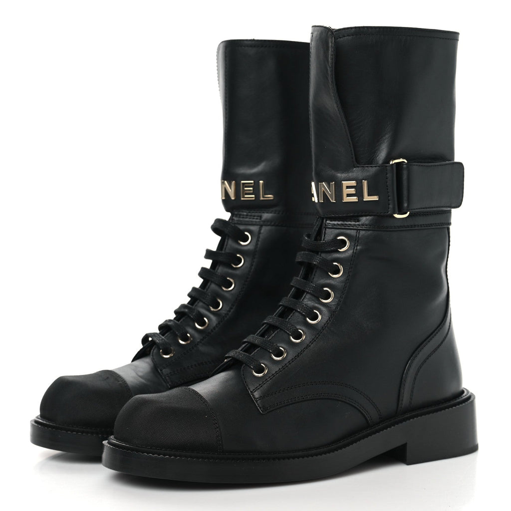 Chanel Shiny Calfskin Grosgrain Lace Up Combat Boots 36.5 Black