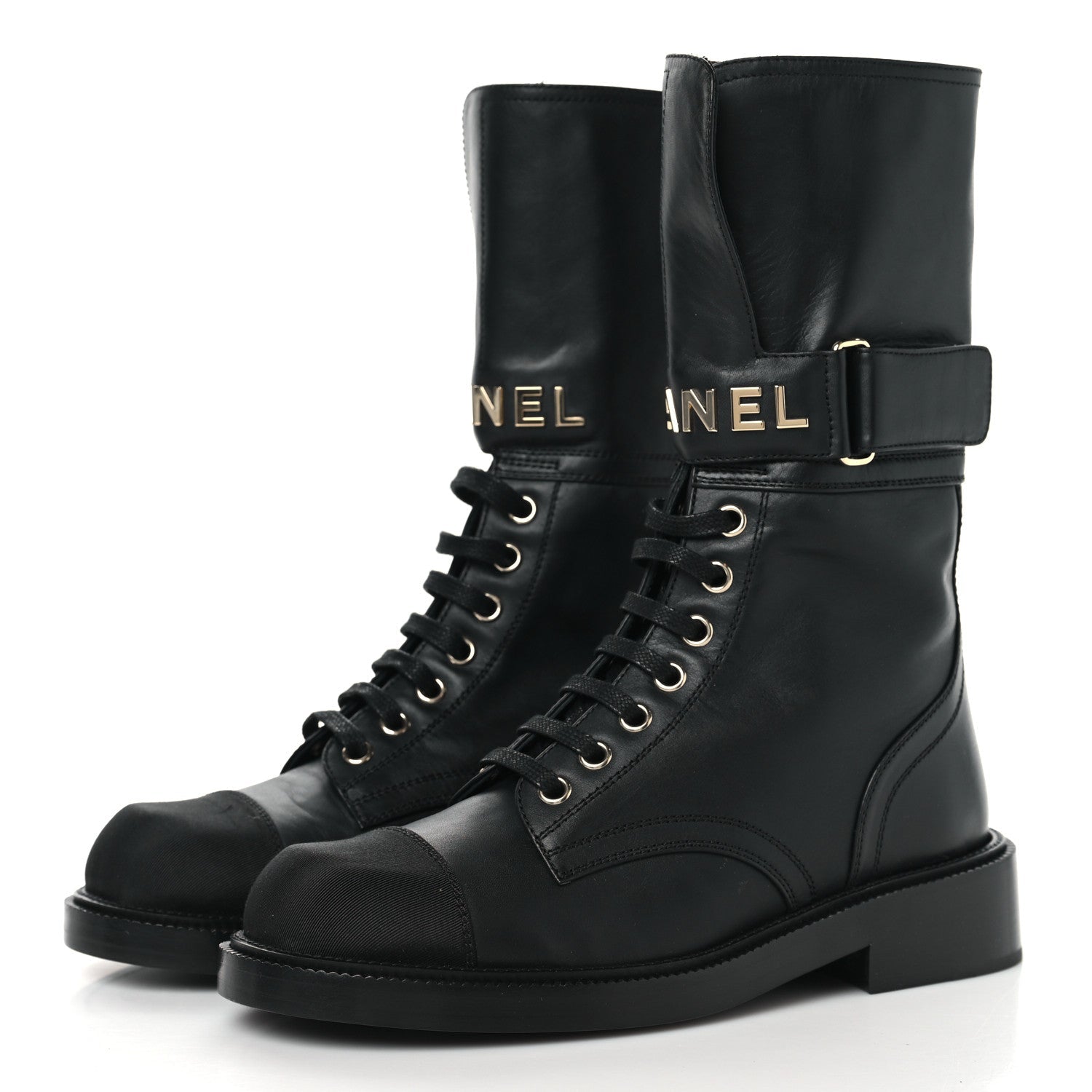 Chanel Shiny Calfskin Grosgrain Lace Up Combat Boots 36.5 Black