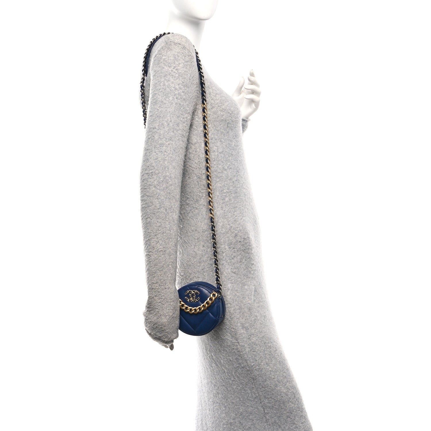Chanel Lambskin Quilted Chanel 19 Round Clutch With Chain  Navy