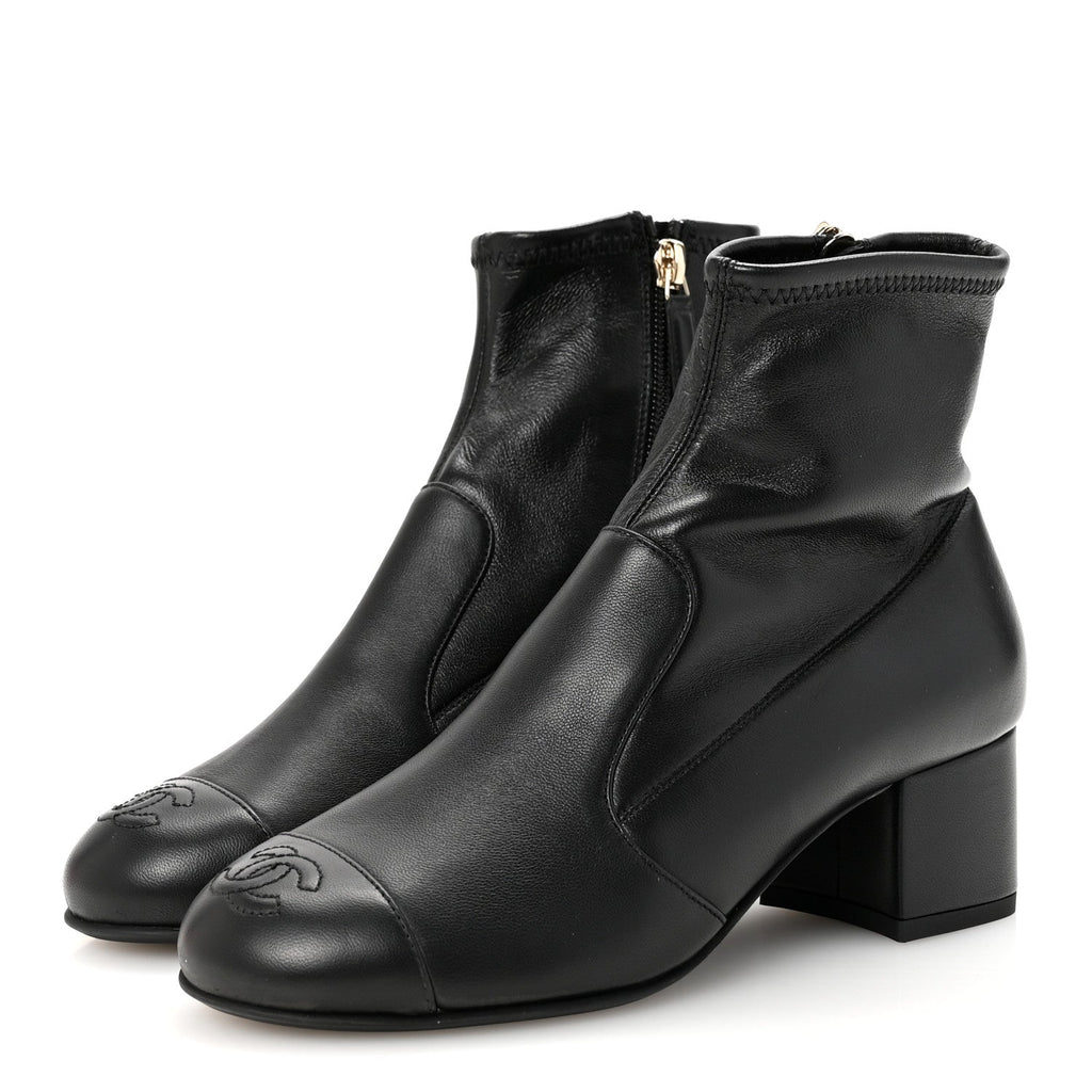 Chanel Stretch Lambskin Cap Toe CC Uniform Short Boots  35 Black